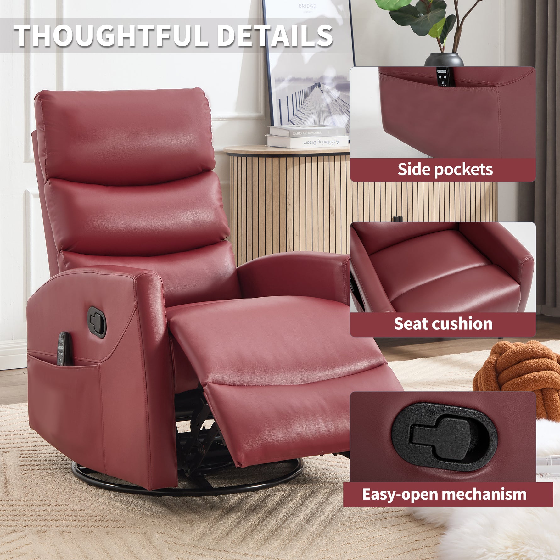 Heat Massage Manual Recliner Chair with Rocker and Swivel in Fabric for Living Room detail image 29