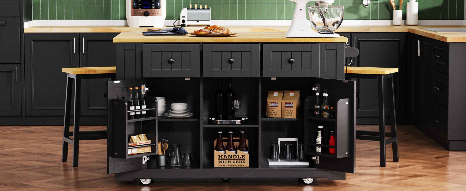53 in. Farmhouse Kitchen Island with Power Outlet & Stools product view 129