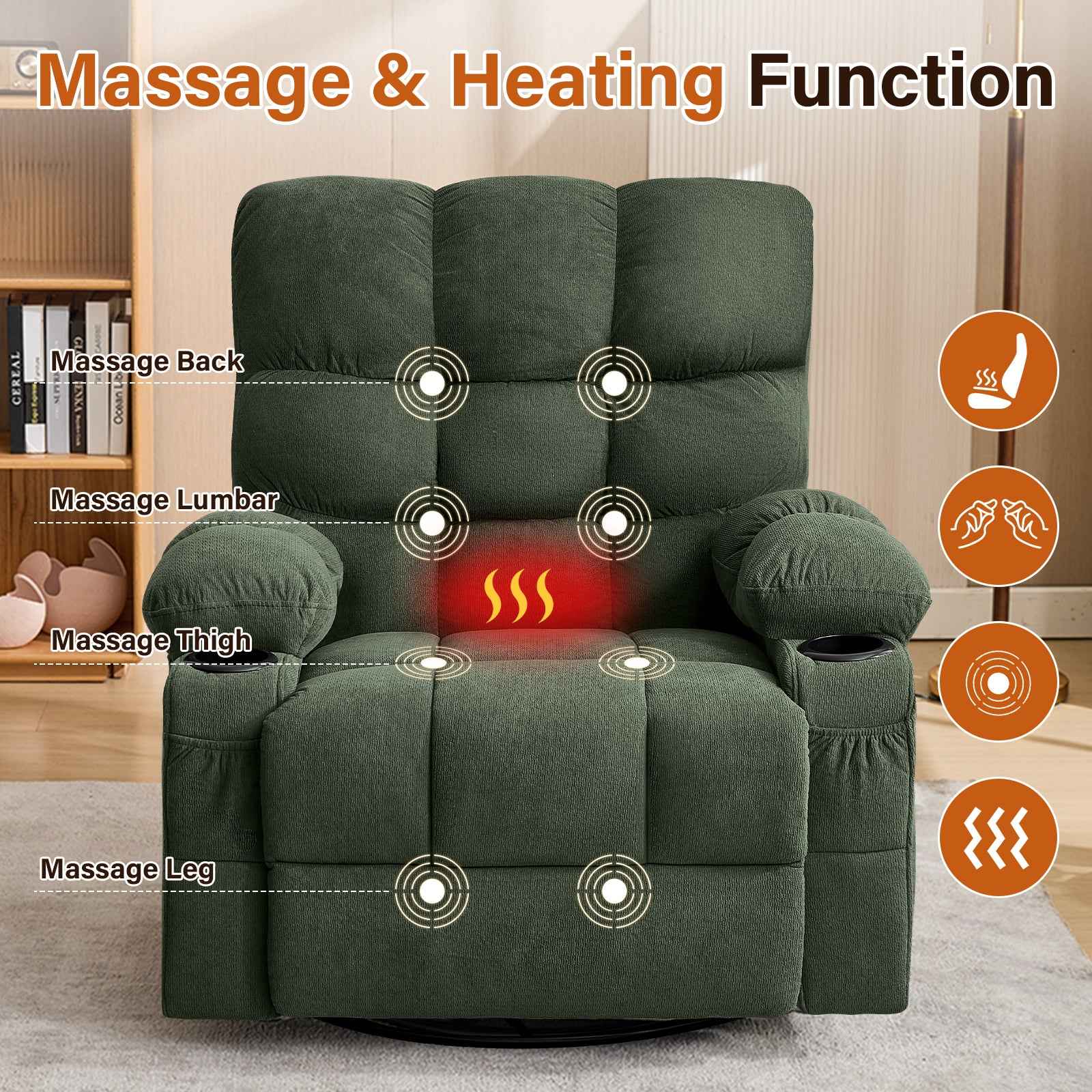 Massage Swivel Rocker Recliner Chair with Vibration, Lumbar Heating, Side Pocket detail image 17