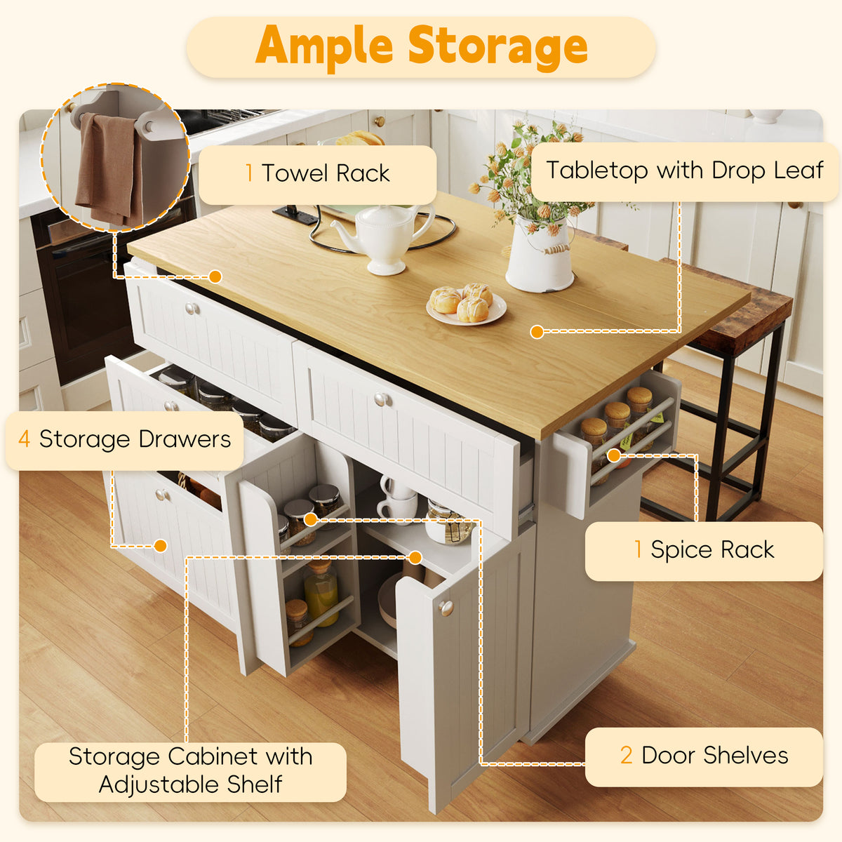 Farmhouse Kitchen Island with Drop Leaf, Power Outlet & 2 Seats product view 67