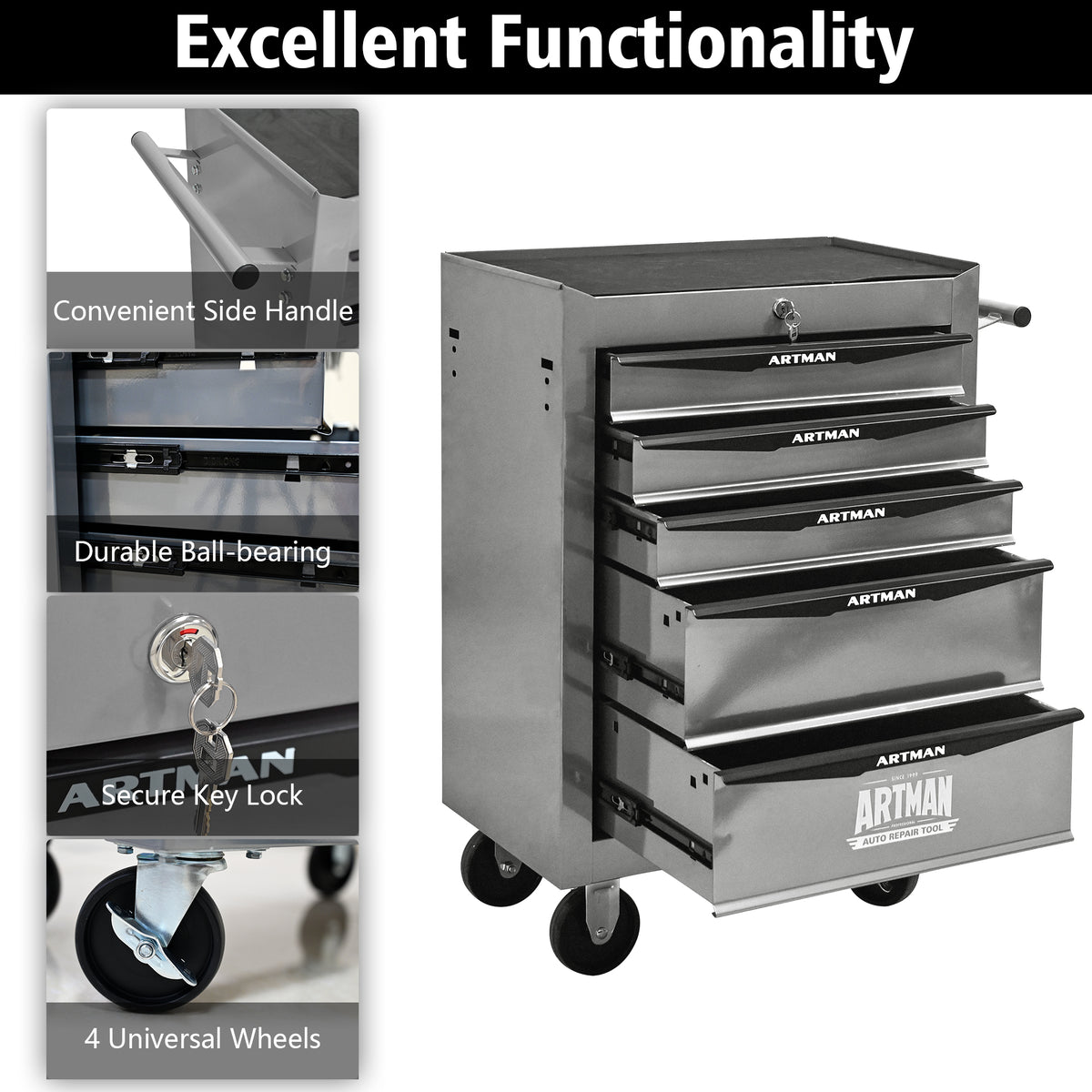 Rolling 5-Drawer Steel Tool Chest with Stainless Steel Top for workshop, garage, storage, or utility use