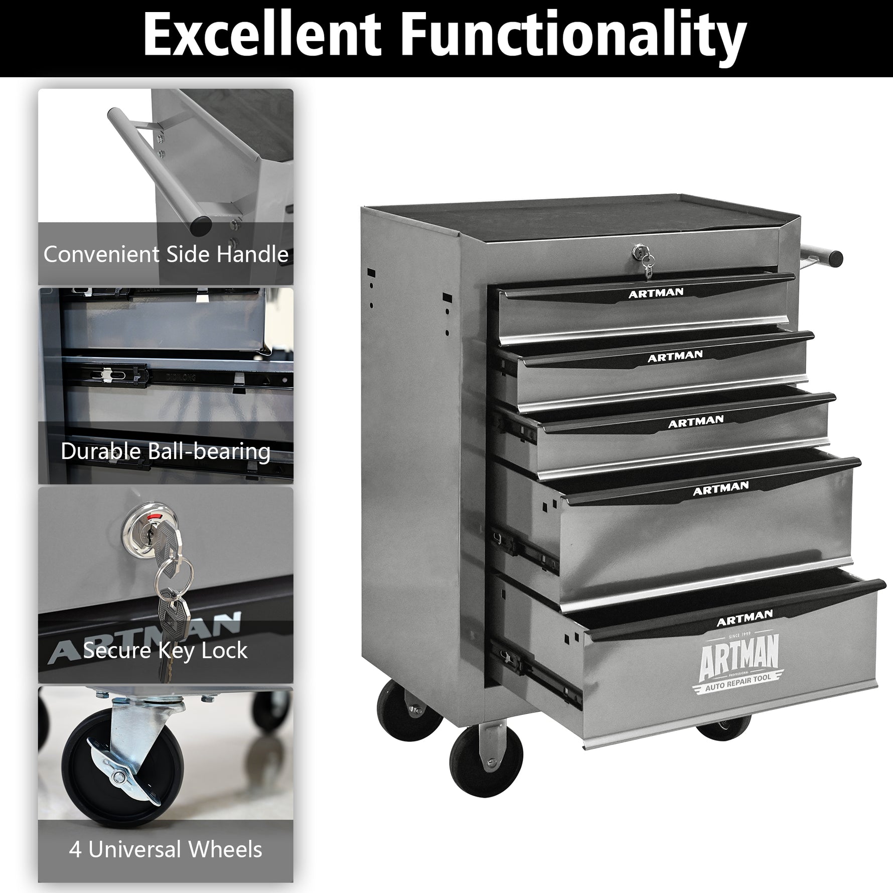 Rolling 5-Drawer Steel Tool Chest with Stainless Steel Top for workshop, garage, storage, or utility use