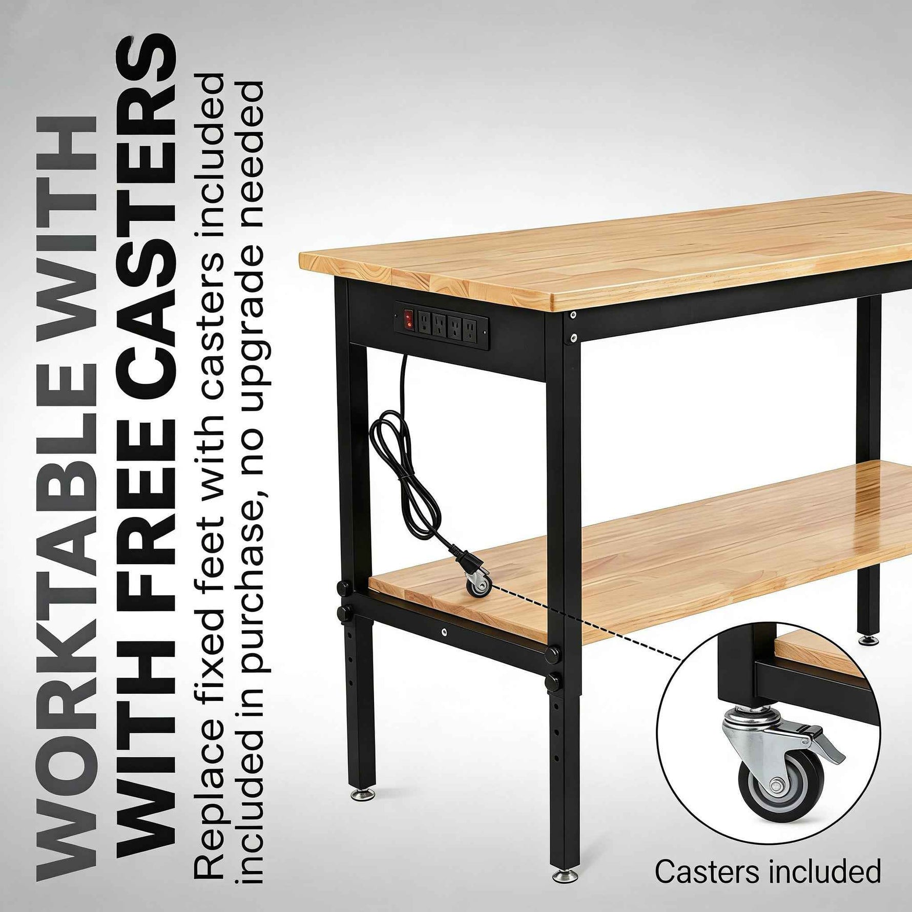 60" Double-Layer Adjustable Workbench with Power for workshop, garage, storage, or utility use