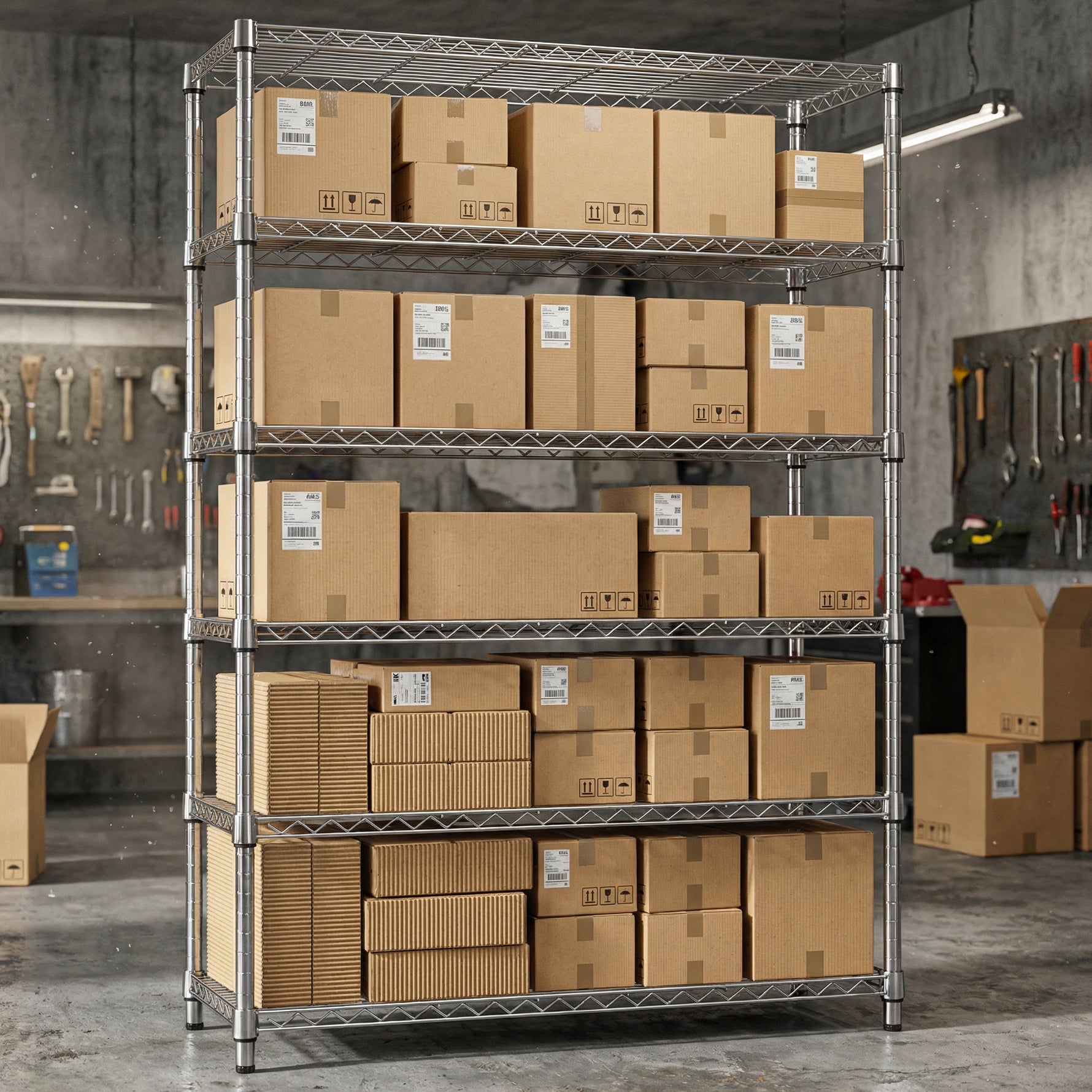 6-Tier Adjustable Wire Shelving Unit, 2100 lb Capacity for workshop, garage, storage, or utility use