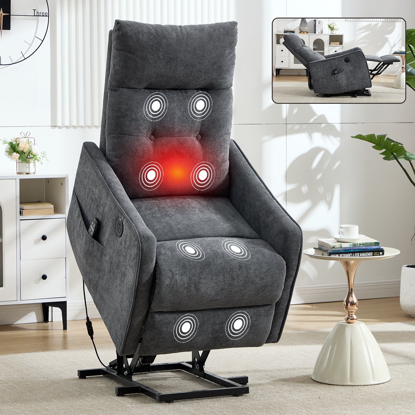 Chenille Single-Motor Power Lift Recliner with Massage & Heat detail image 48