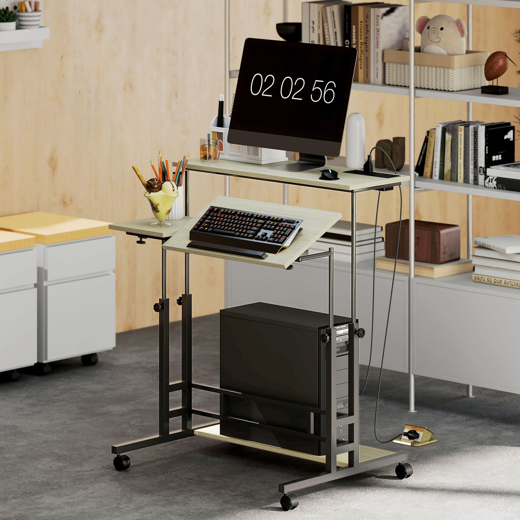 HOMCOM Height Adjustable Standing Desk with Power Outlets workspace desk setup