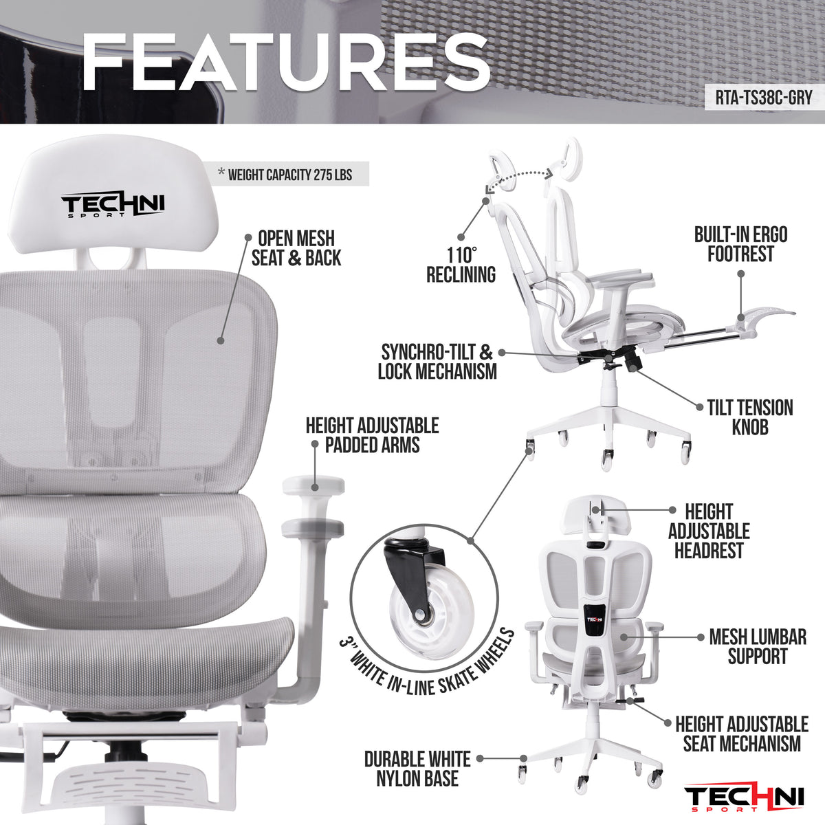 Techni Sport AIRFLEX2.0 White Mesh Ergonomic Chair product image