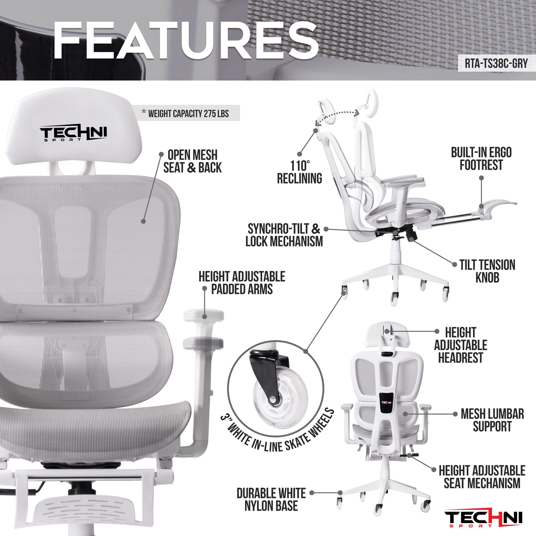 Techni Sport AIRFLEX2.0 White Mesh Ergonomic Chair product image