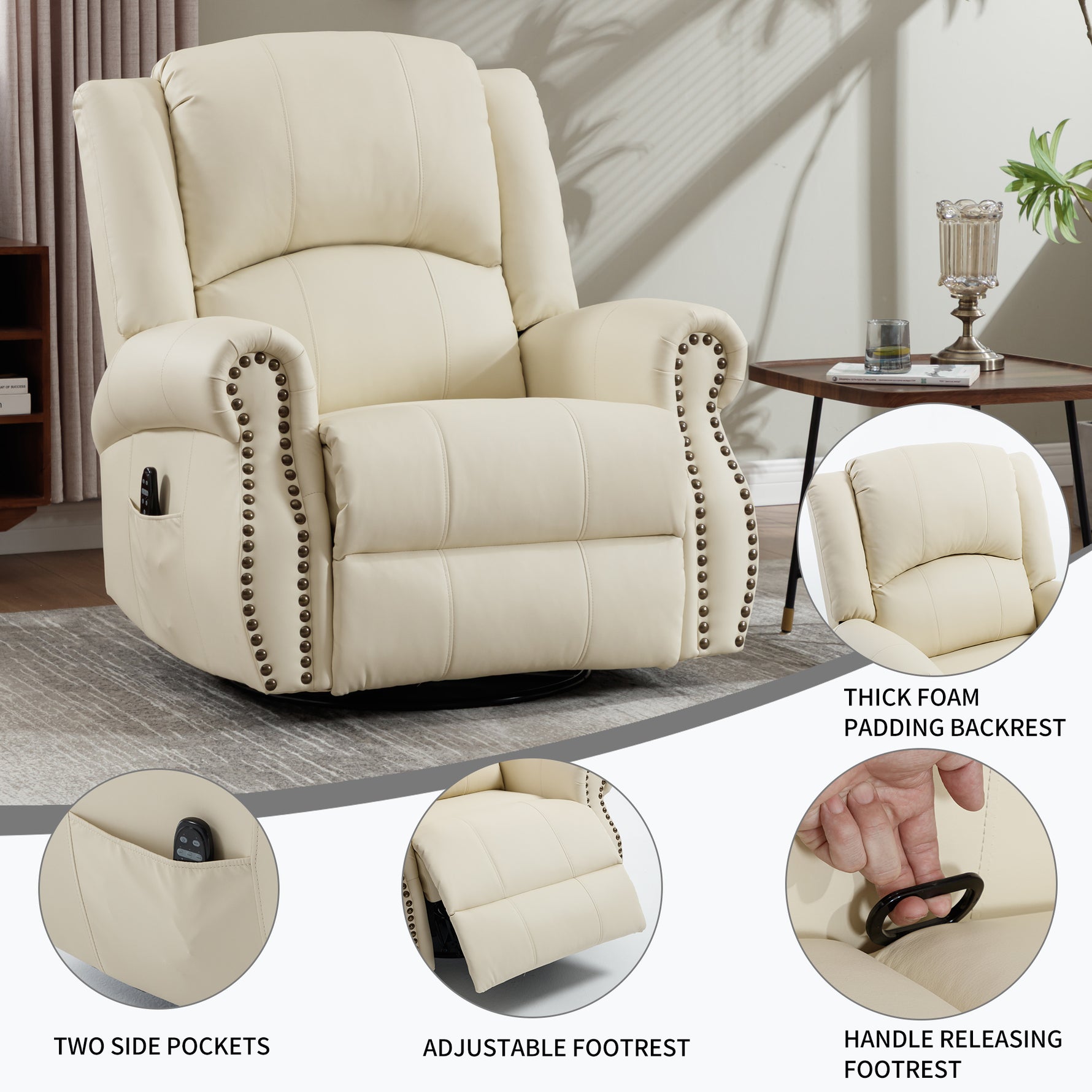 Heat Massage Manual Recliner Chair with Rocker and Swivel for Living Room detail image 54