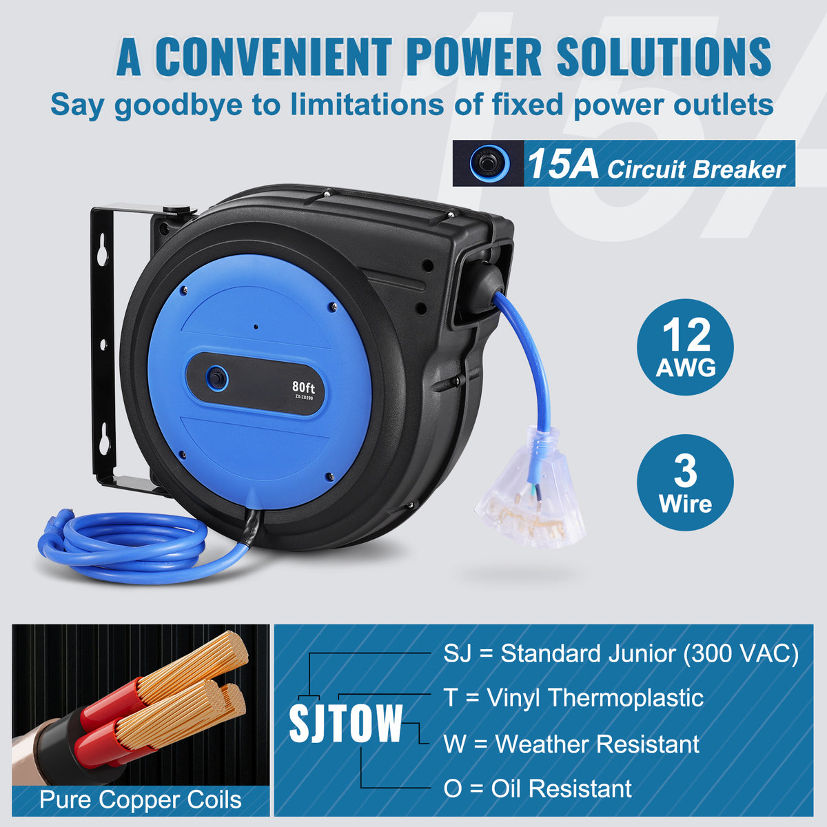 Retractable Heavy-Duty Extension Cord Reel with Triple-Tap Outlet for workshop, garage, storage, or utility use