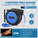 Retractable Heavy-Duty Extension Cord Reel with Triple-Tap Outlet for workshop, garage, storage, or utility use