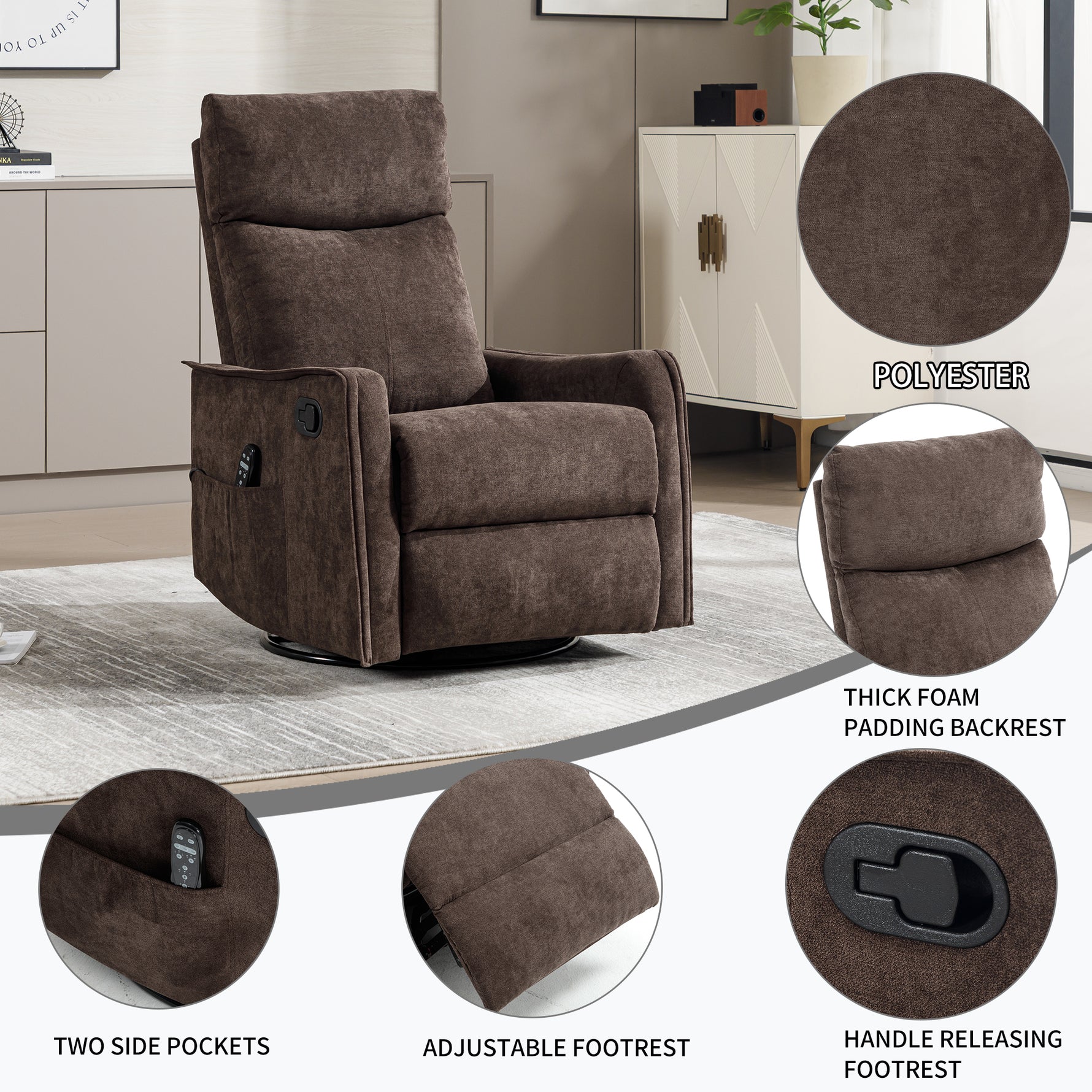 Heat Massage Manual Recliner Chair with Rocker and Swivel in Fabric for Living detail image 29