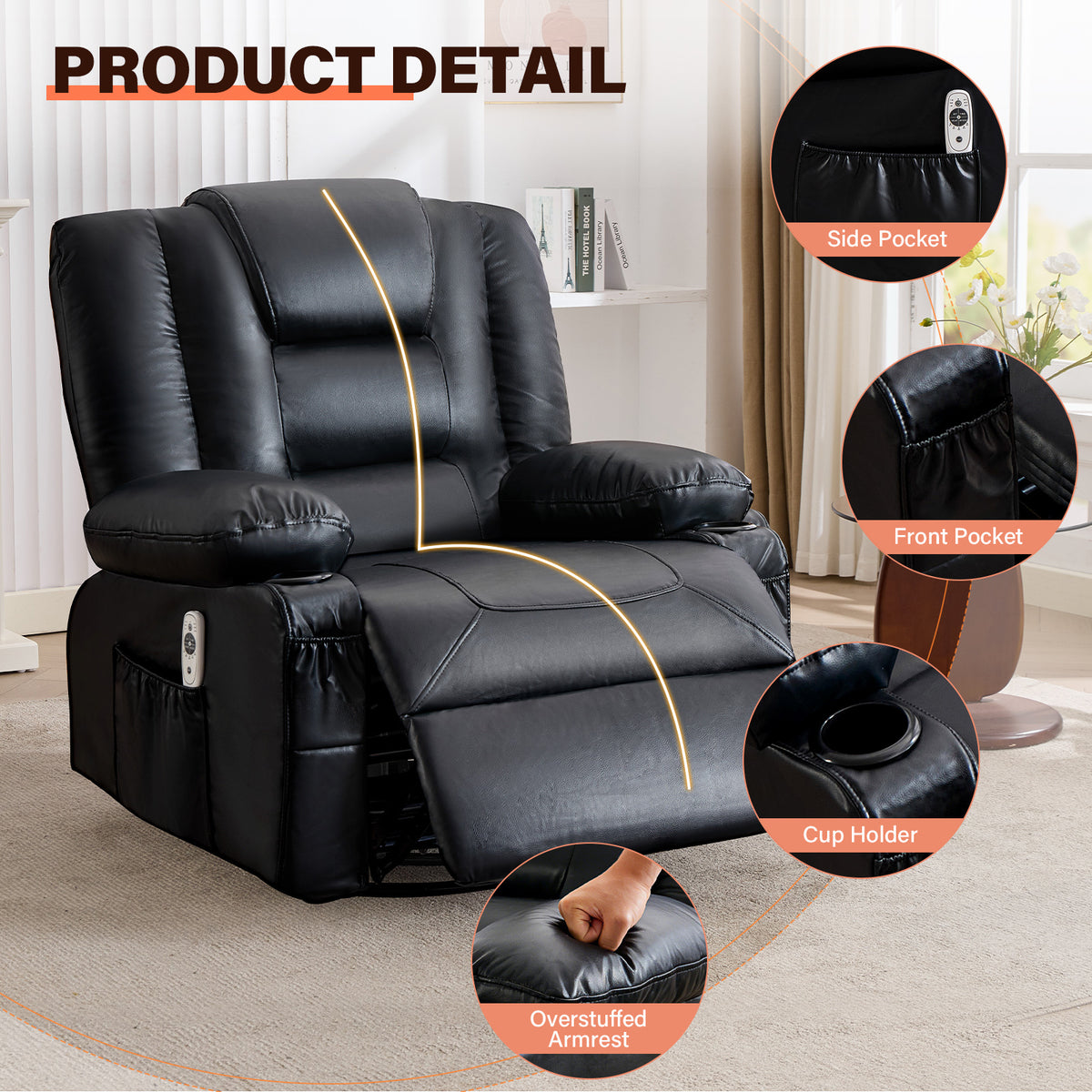 Rocker Recliner Chair with Massage and Heat for Adults, 360°Swivel detail image 15