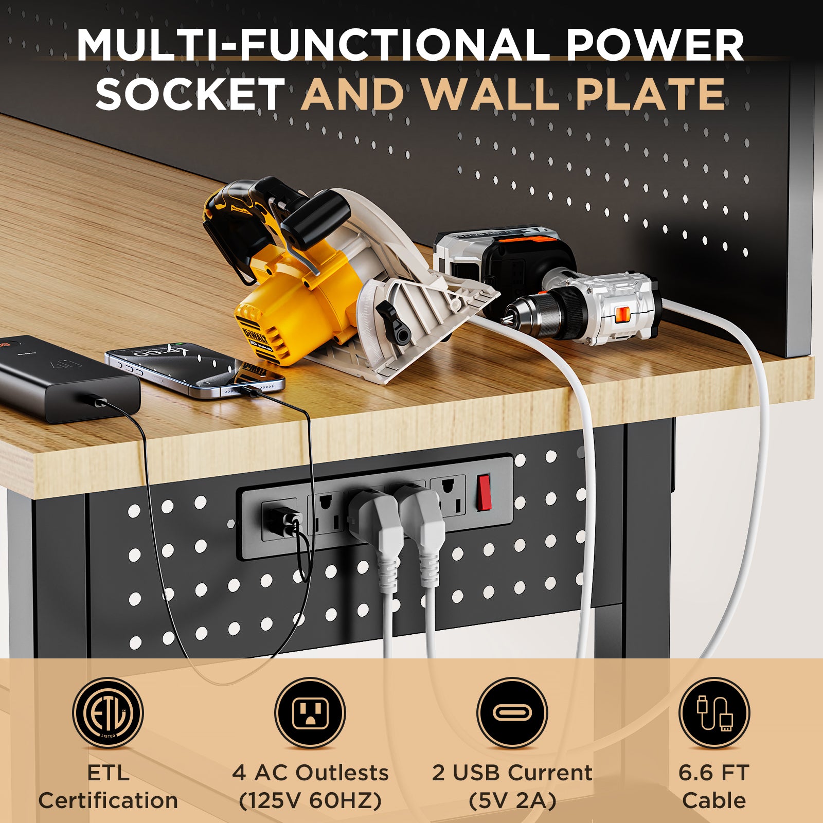 60" Adjustable-Height Workbench with Solid Wood Top for workshop, garage, storage, or utility use
