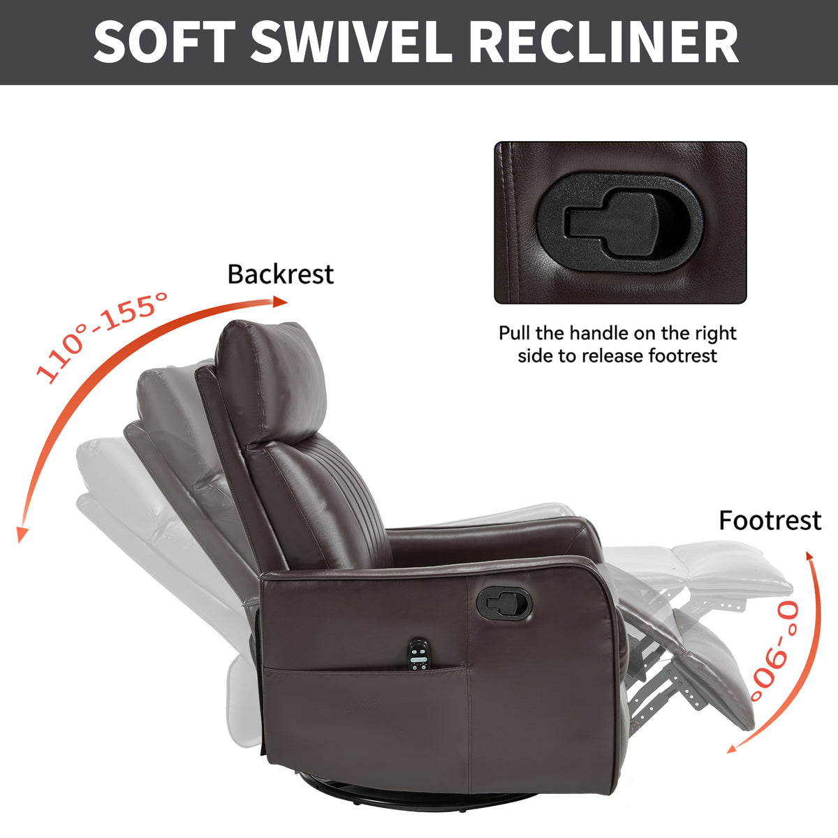 Faux Leather Heat Massage Manual Recliner Chair with Rocker and Swivel for Living Room detail image 25