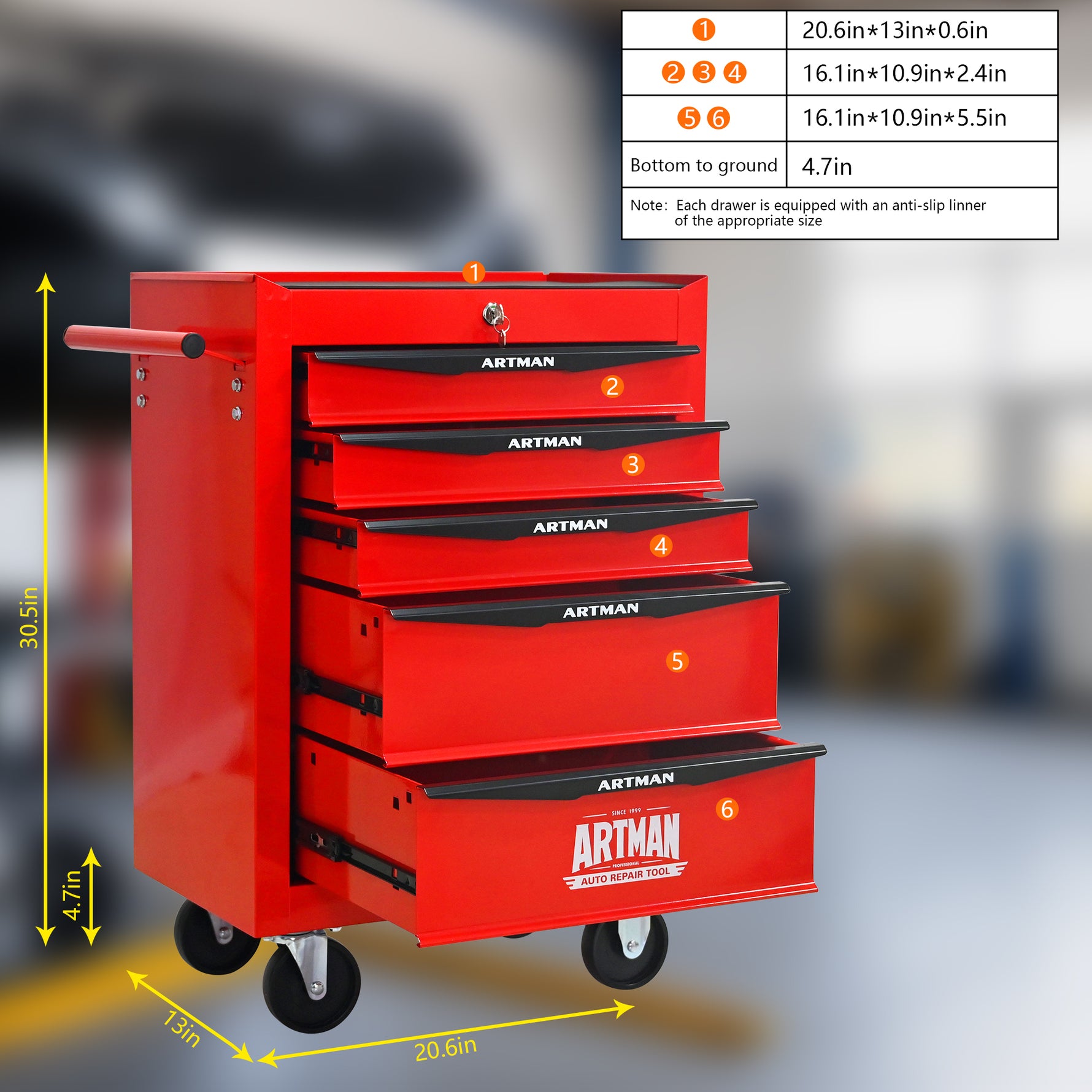 Rolling 5-Drawer Steel Tool Chest with Stainless Steel Top for workshop, garage, storage, or utility use