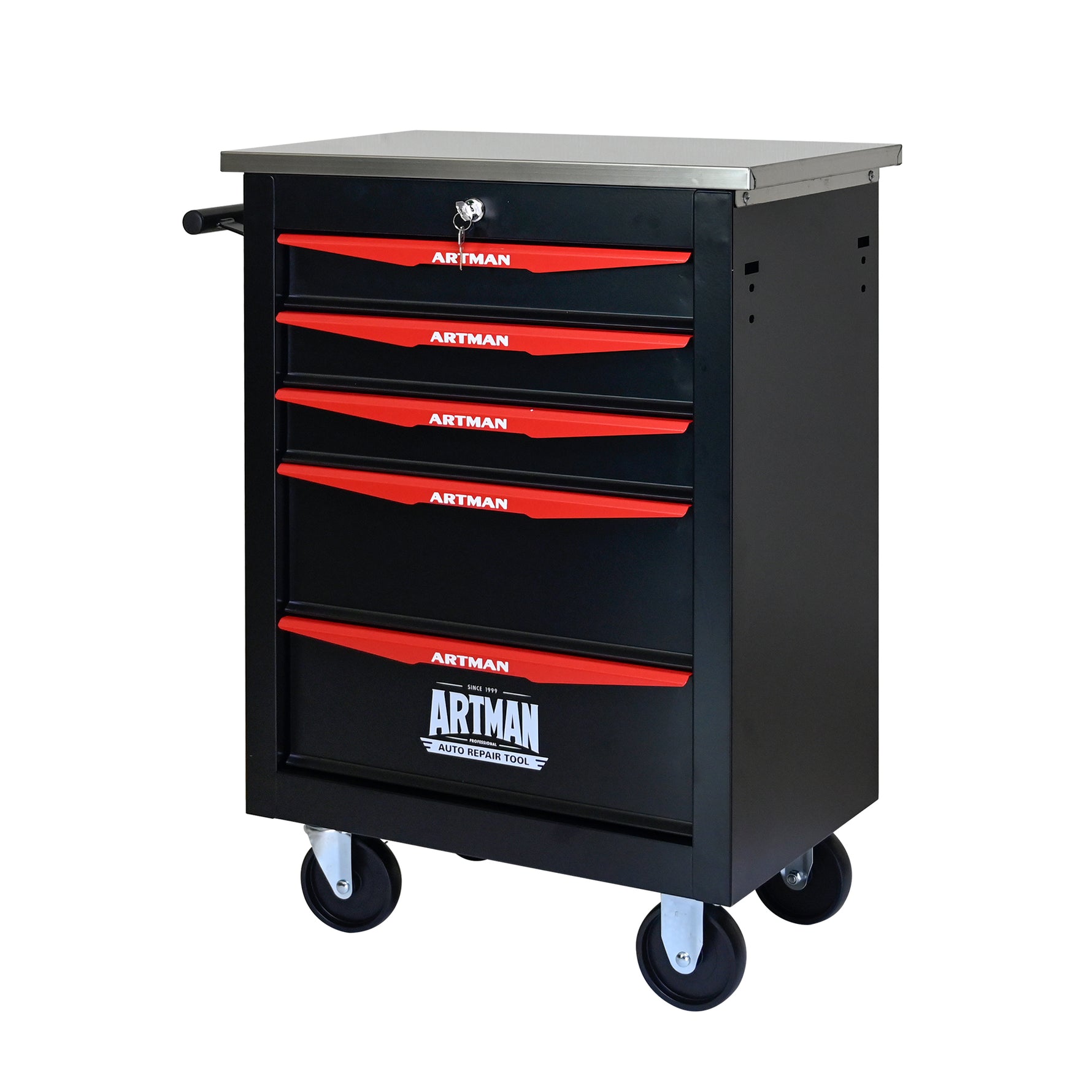Rolling 5-Drawer Steel Tool Chest with Stainless Steel Top for workshop, garage, storage, or utility use
