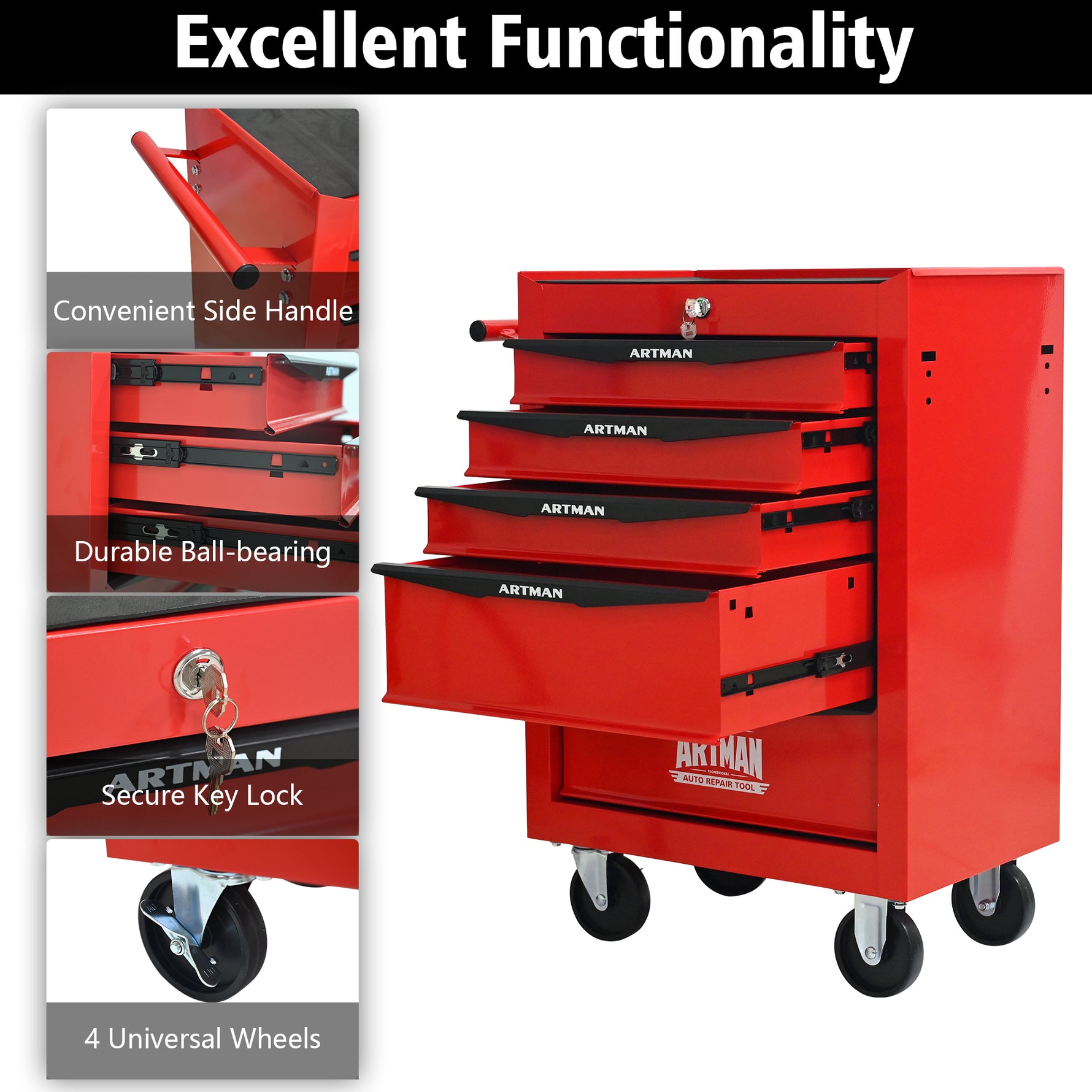 Rolling 5-Drawer Steel Tool Chest with Stainless Steel Top for workshop, garage, storage, or utility use