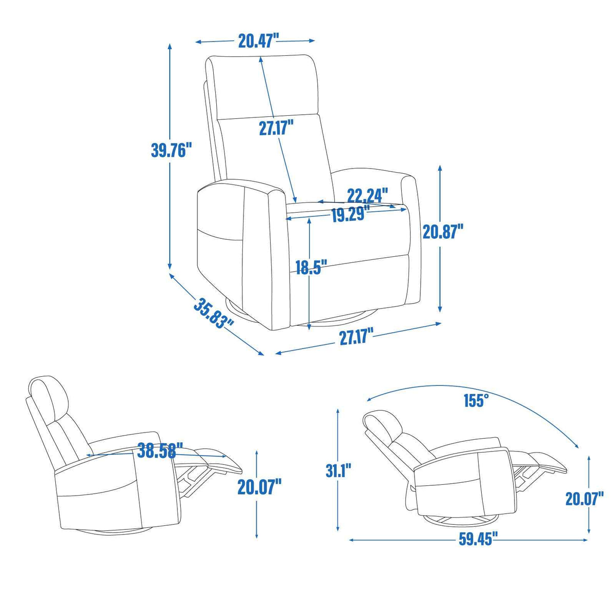 Heat Massage Manual Recliner Chair with Rocker and Swivel in Fabric for Living Room detail image 79