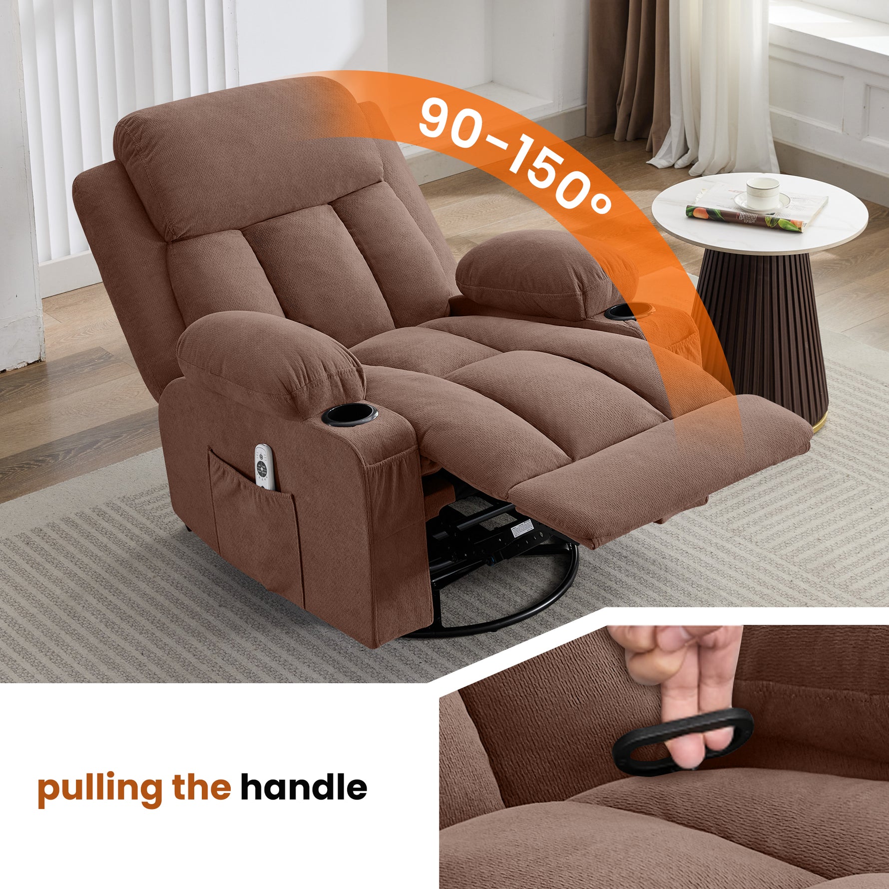 Swivel Rocker Recliner Chair with Vibration Massage, Heat, USB Port and Cup Holderrs detail image 5