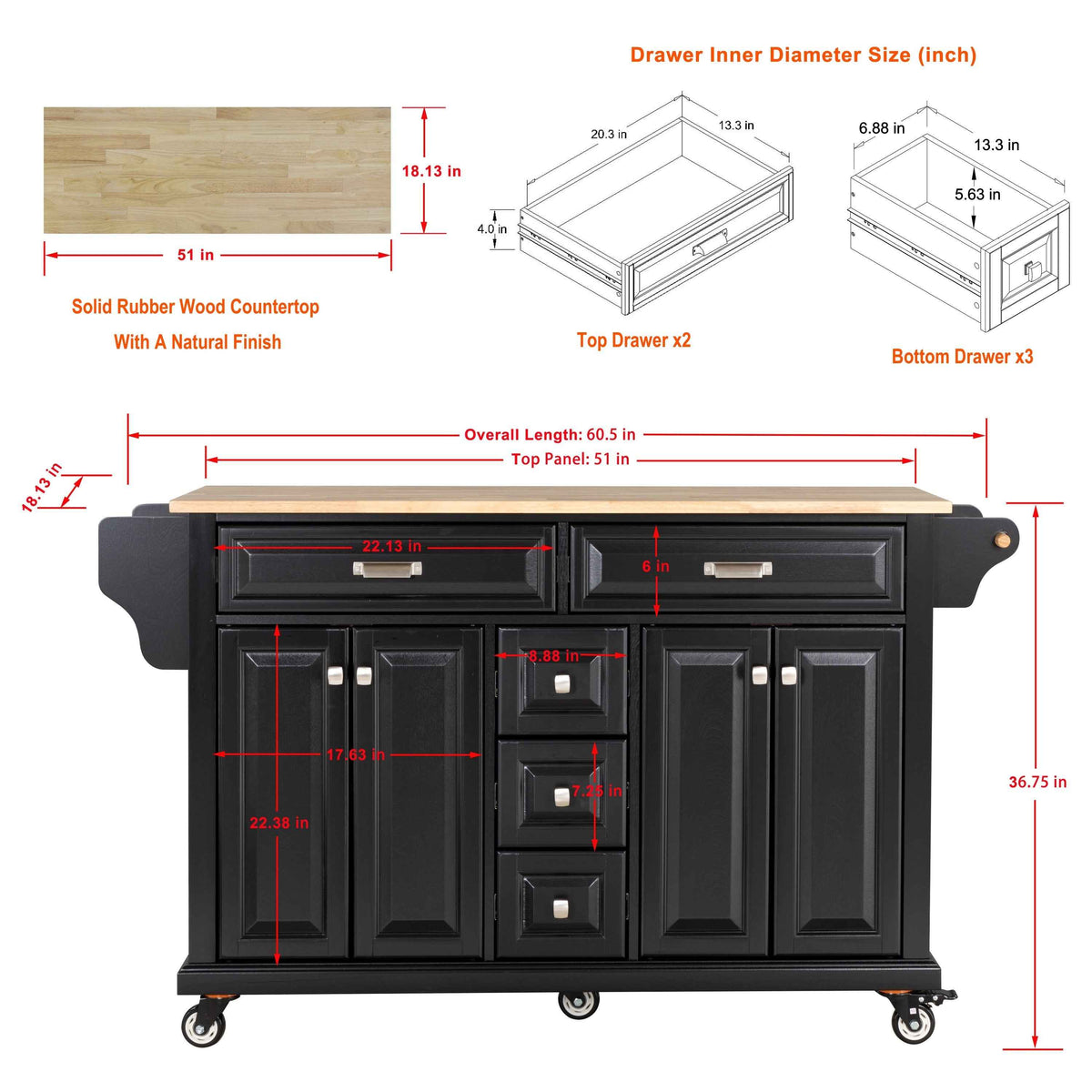 Rubberwood Kitchen Cart with 5 Drawers & Storage Cabinet product view 9
