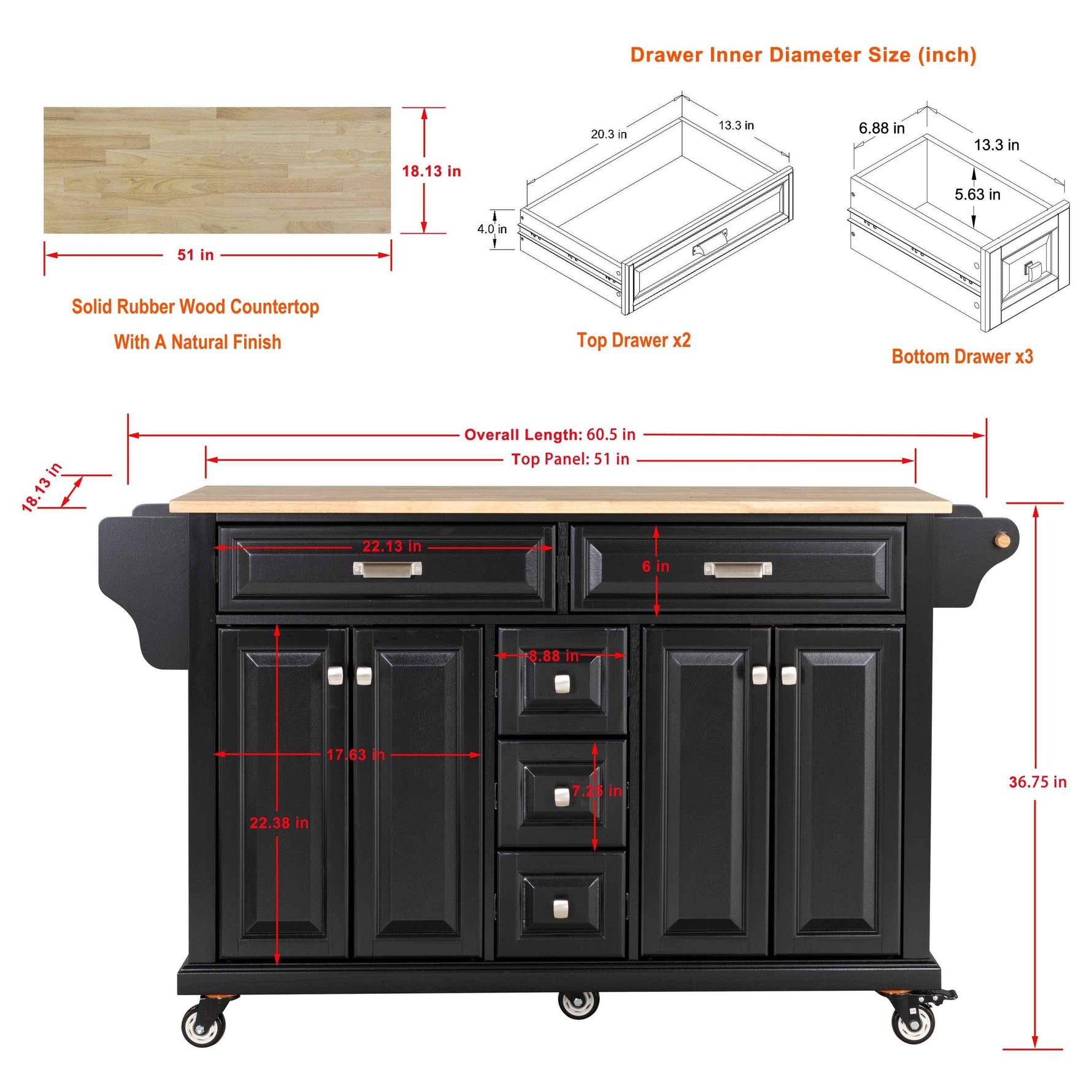 Rubberwood Kitchen Cart with 5 Drawers & Storage Cabinet product view 9