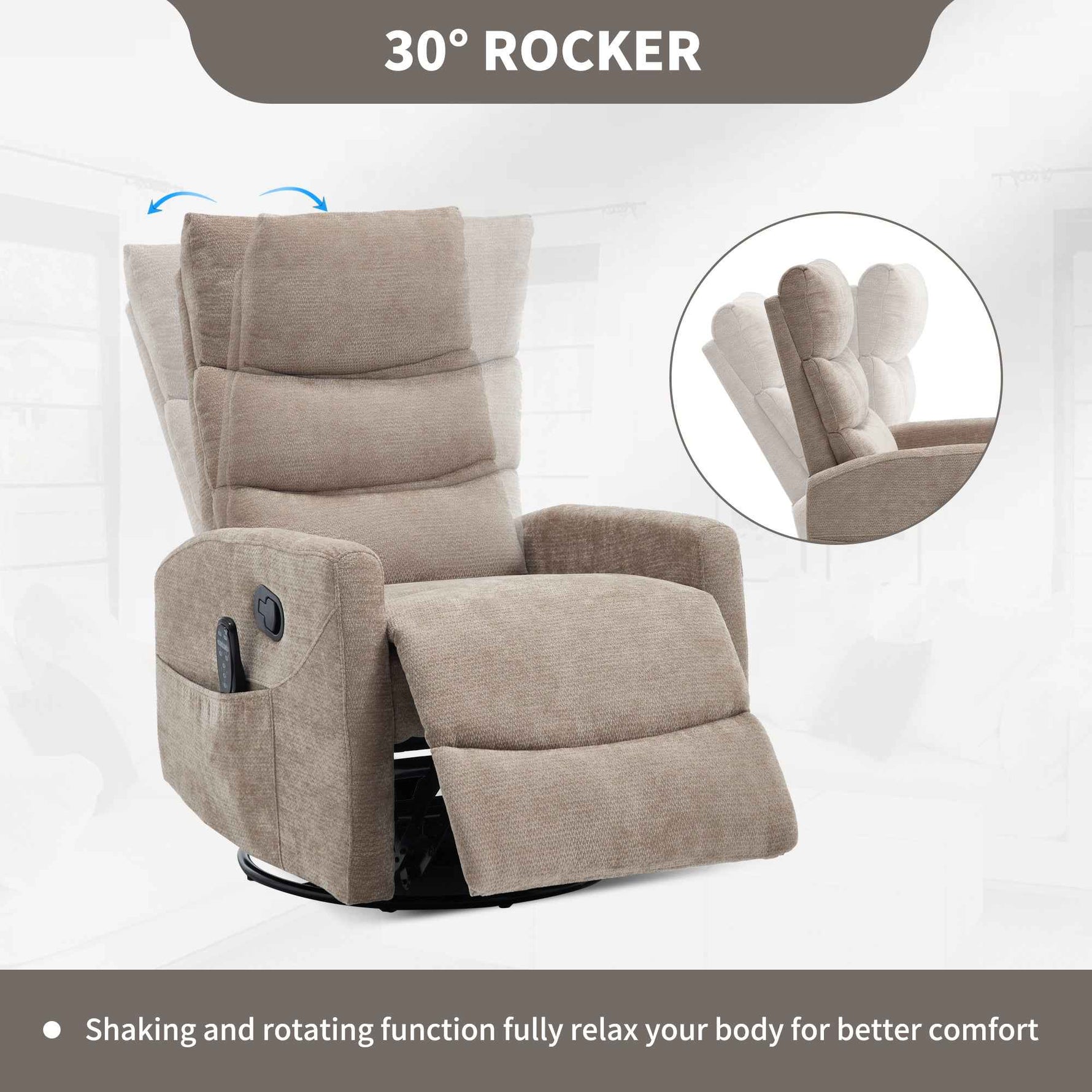 Heat Massage Manual Recliner Chair with Rocker and Swivel in Fabric for Living Room detail image 15