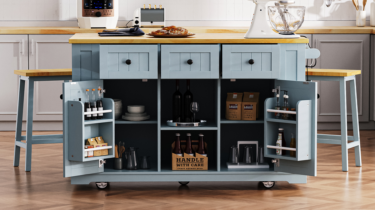 53 in. Farmhouse Kitchen Island with Power Outlet & Stools product view 170