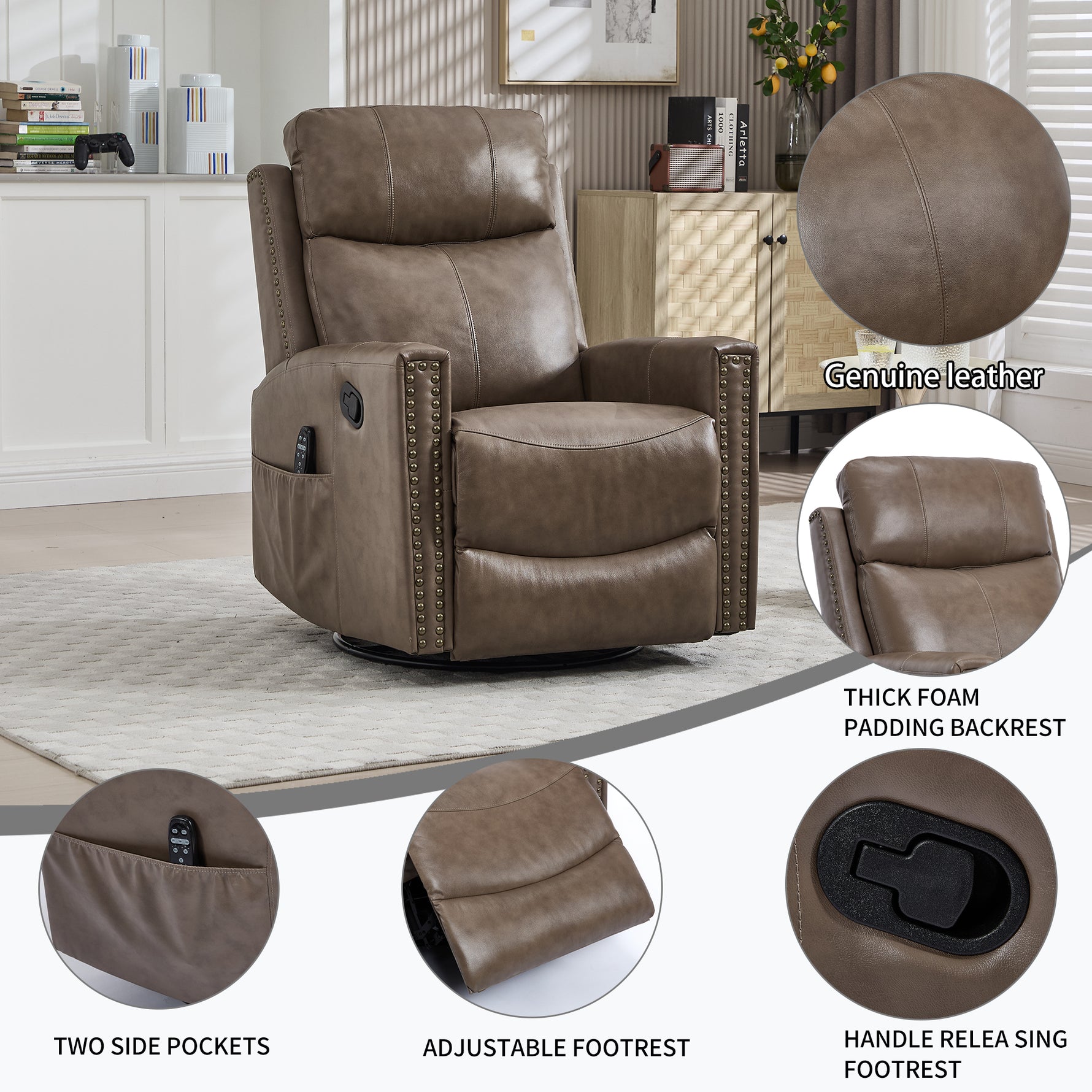 Genuine Leather Heat Massage Manual Recliner Chair with Rocker and Swivel for Living Room detail image 82