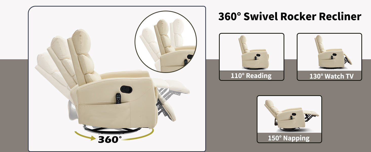 Heat Massage Manual Recliner Chair with Rocker and Swivel in Faux Leather for Living Room detail image 34