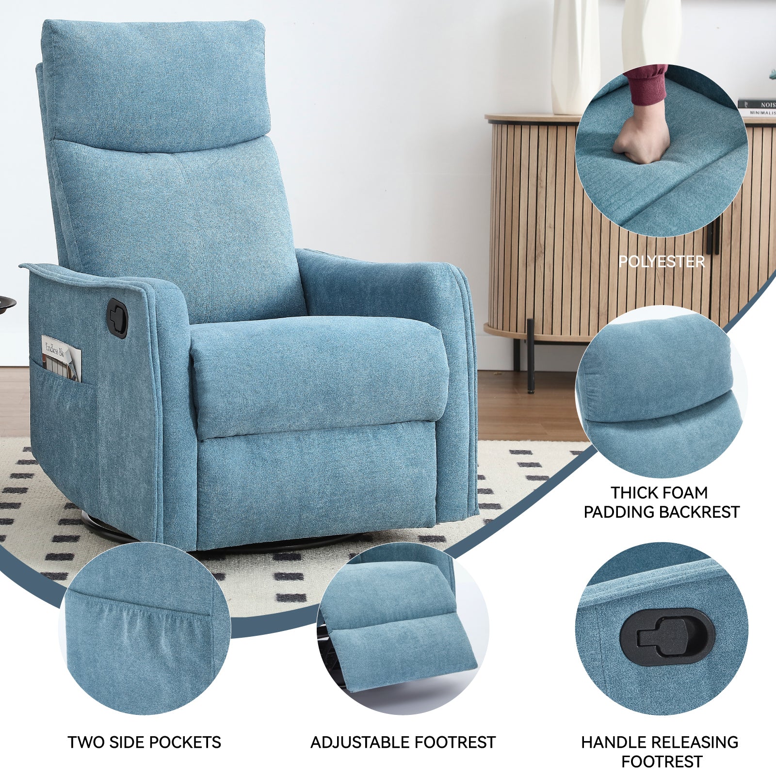 Heat Massage Manual Recliner Chair with Rocker and Swivel in Fabric for Living Room detail image 29