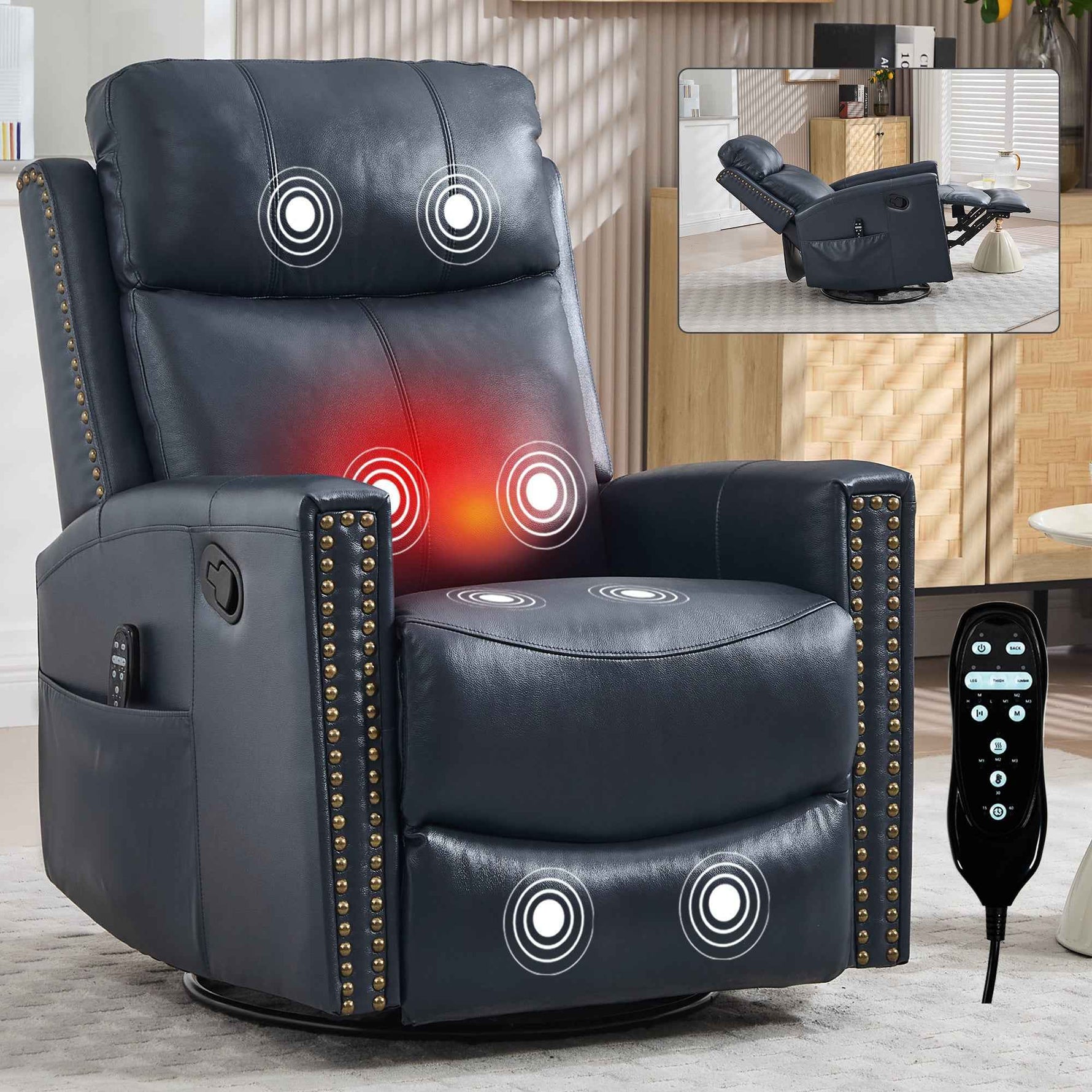 Genuine Leather Heat Massage Manual Recliner Chair with Rocker and Swivel for Living Room detail image 37