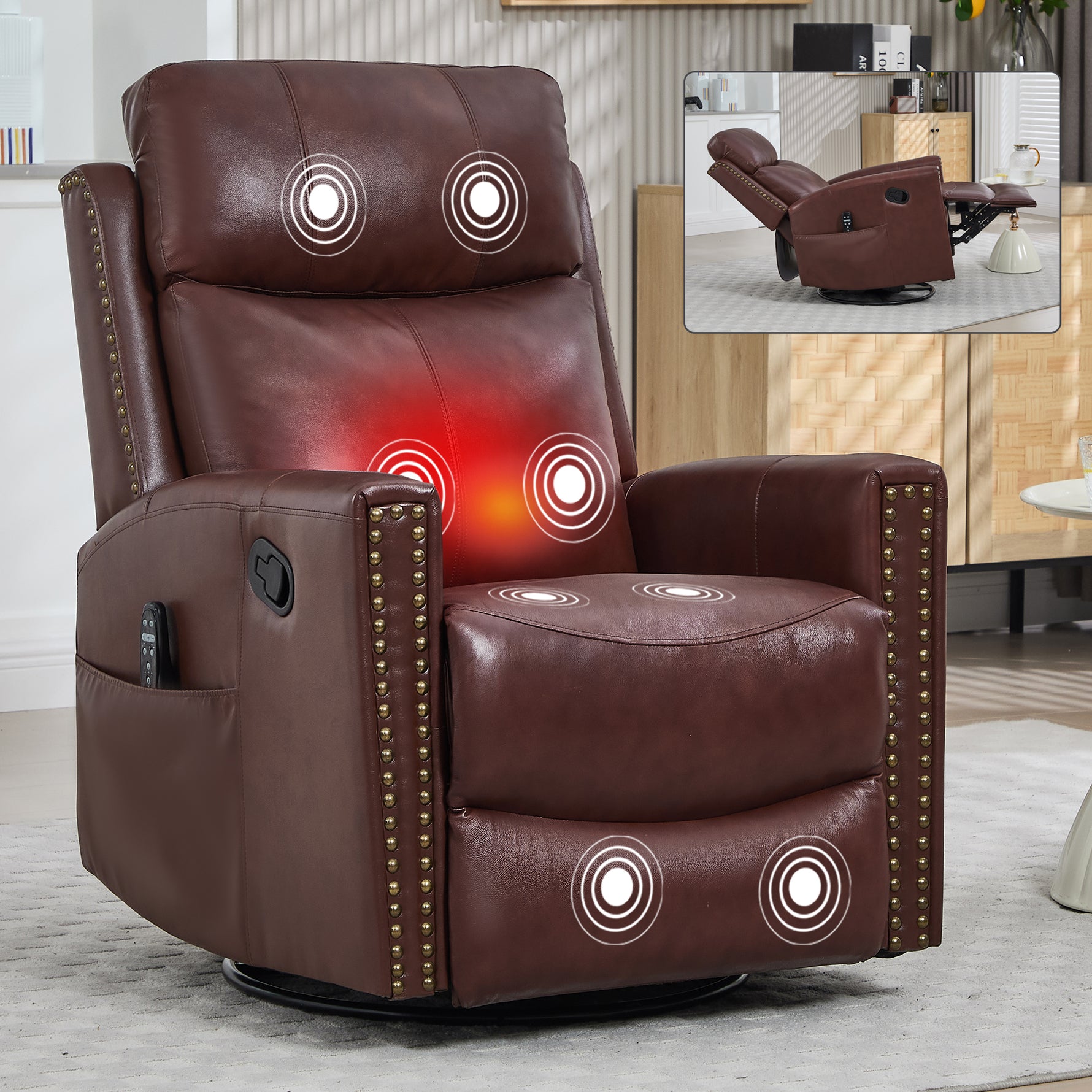Genuine Leather Heat Massage Manual Recliner Chair with Rocker and Swivel for Living Room detail image 30