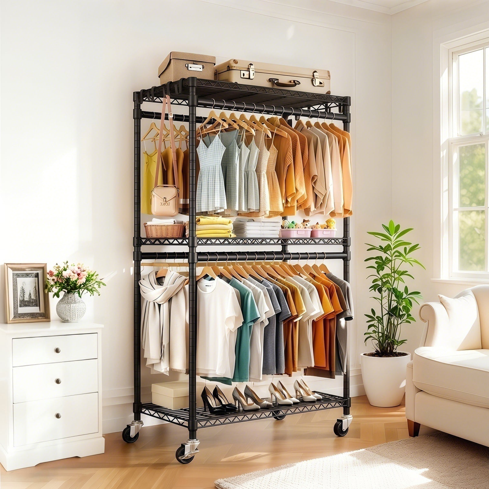 Heavy Duty Rolling Clothes Rack with 3 Tier Shelves, 2 Rails & Side Hooks for workshop, garage, storage, or utility use