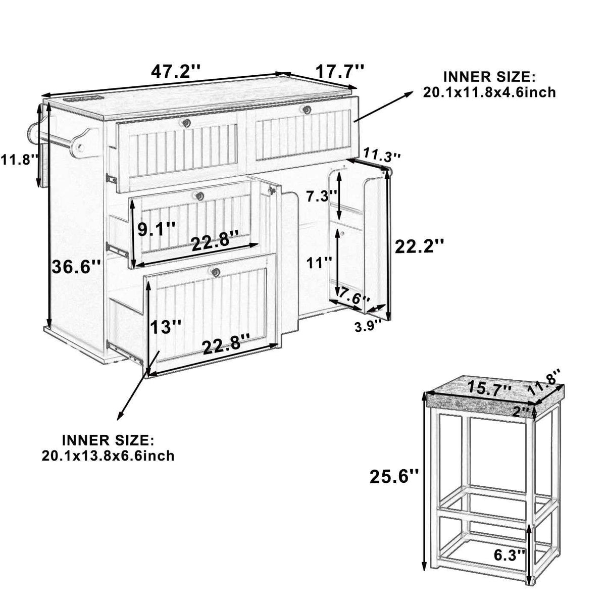 Farmhouse Kitchen Island with Drop Leaf, Power Outlet & 2 Seats product view 45
