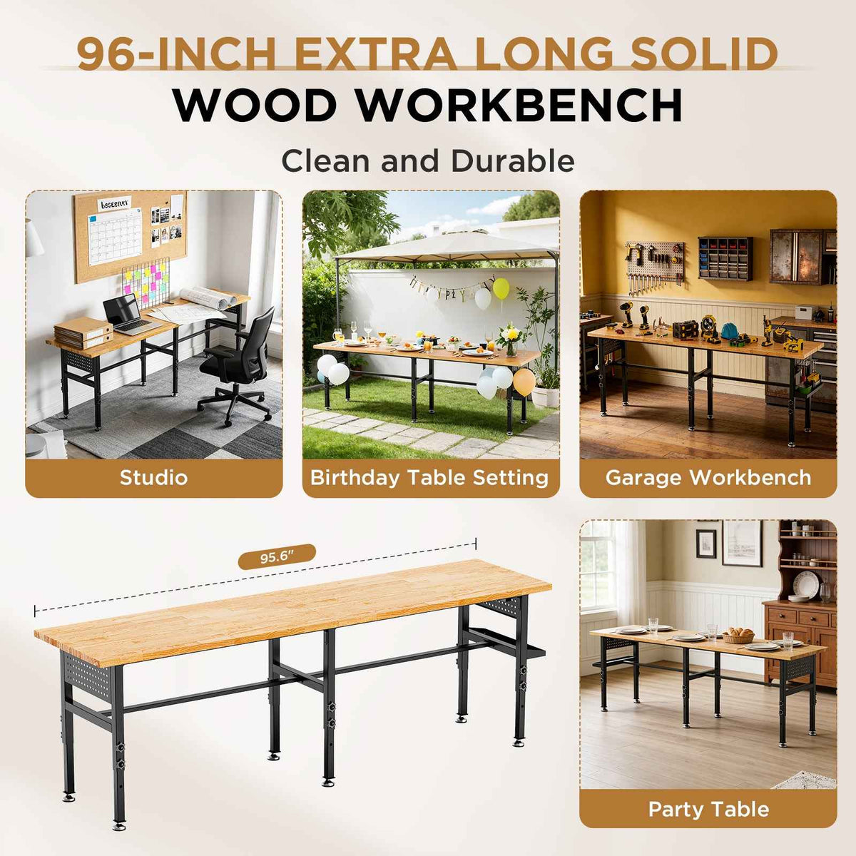 96" Adjustable Workbench with Pegboard & Power for workshop, garage, storage, or utility use