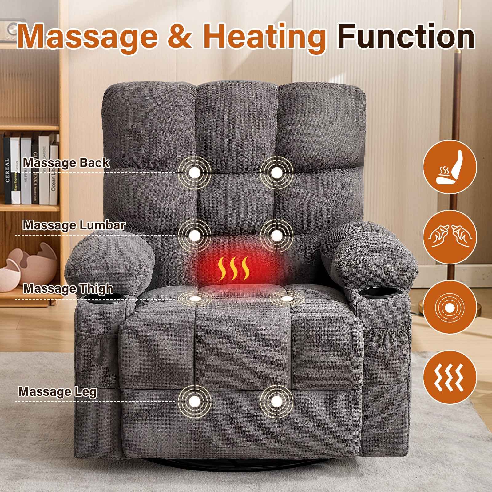 Massage Swivel Rocker Recliner Chair with Vibration, Lumbar Heating, Side Pocket detail image 24