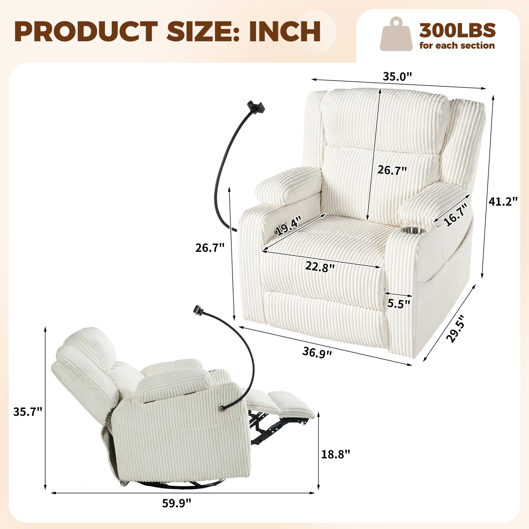 Electric Power Recliner Chair with Heat and Massage, 270° Swivel detail image 22