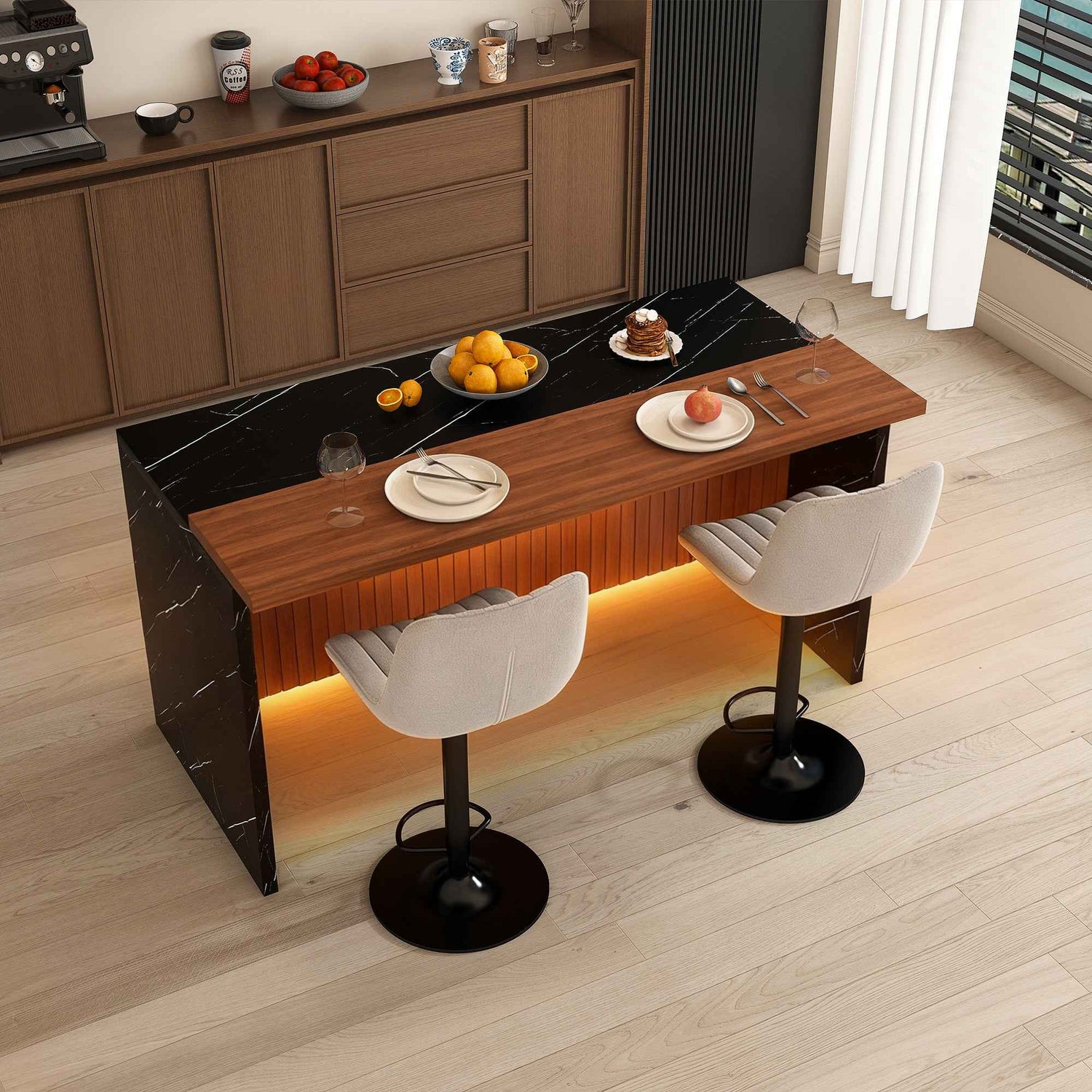 63 in. Kitchen Island with LED Lighting & 2 Bar Stools product view 2