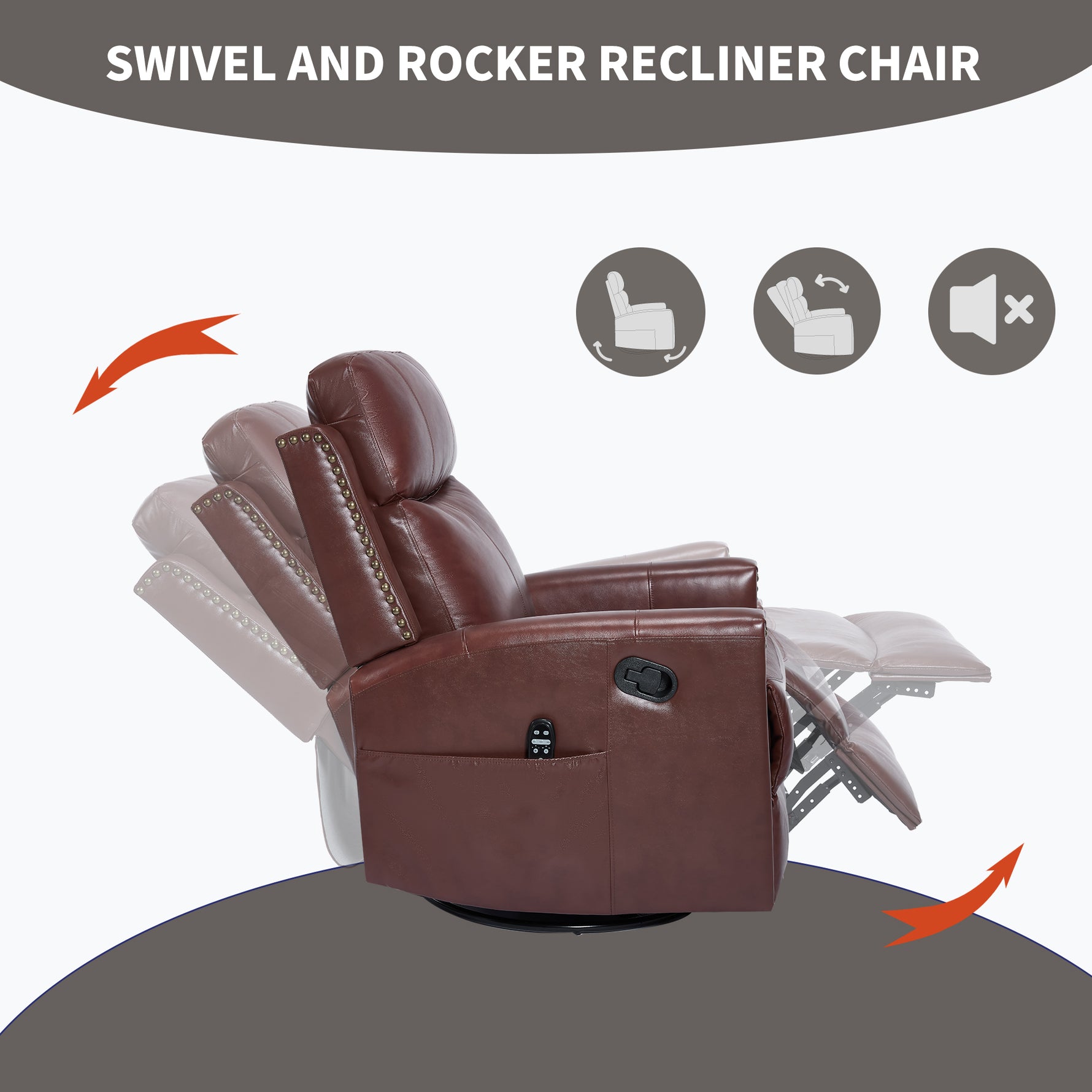 Genuine Leather Heat Massage Manual Recliner Chair with Rocker and Swivel for Living Room detail image 23