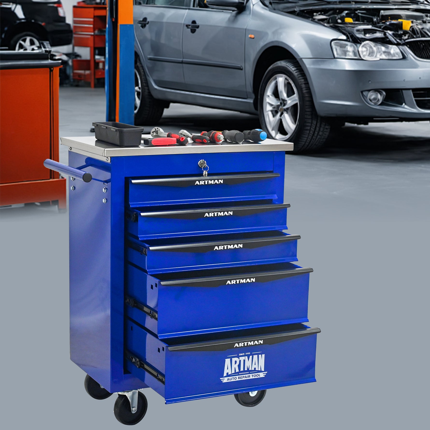 Rolling 5-Drawer Steel Tool Chest with Stainless Steel Top for workshop, garage, storage, or utility use