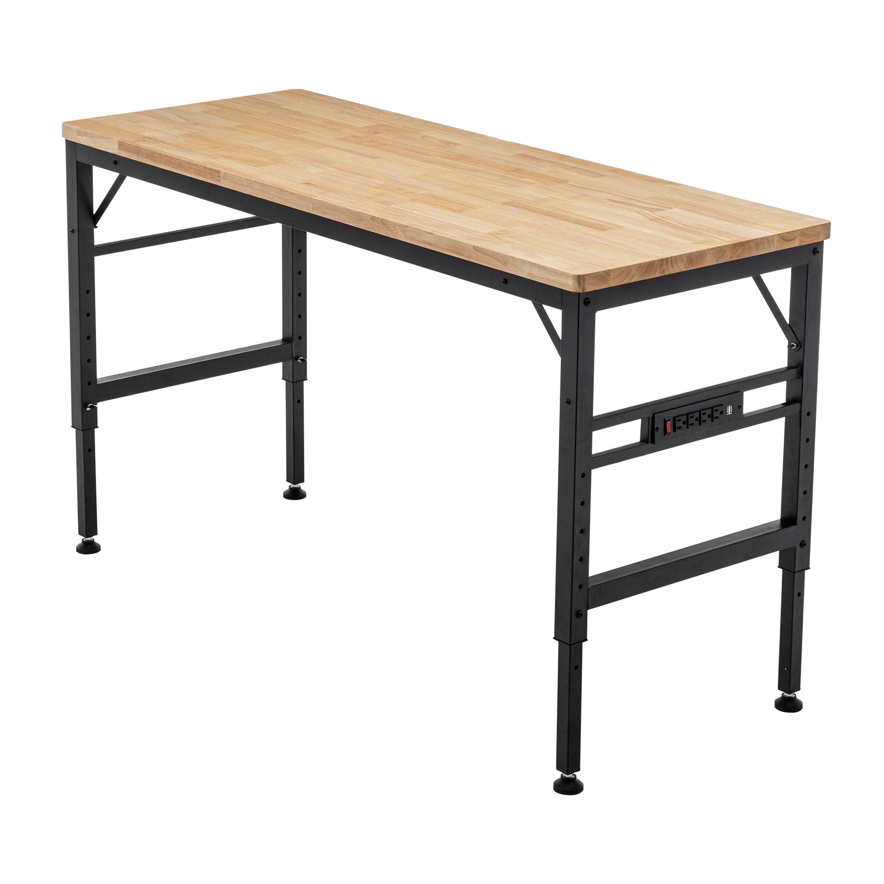 Adjustable Height Heavy-Duty Workbench, Rubber Wood Top Workstation with Power Outlets for workshop, garage, storage, or utility use