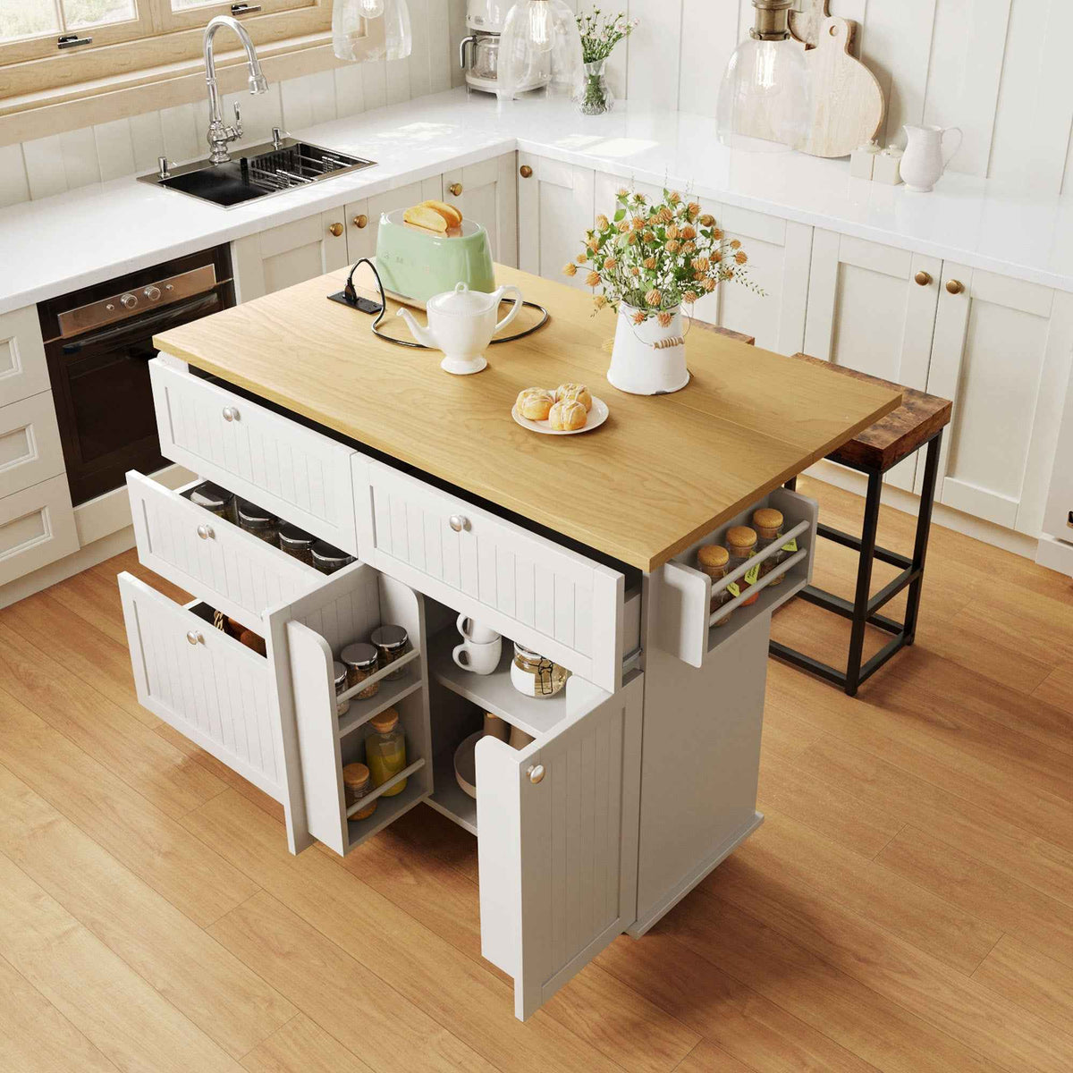 Farmhouse Kitchen Island with Drop Leaf, Power Outlet & 2 Seats product view 20