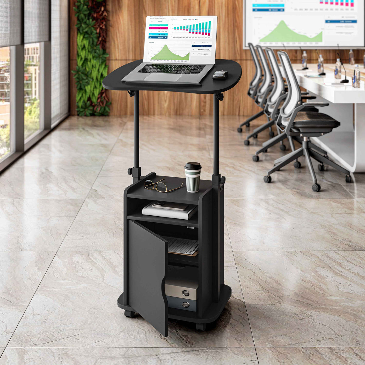 Techni Mobili Sit-to-Stand Laptop Cart with Storage mobile laptop workstation