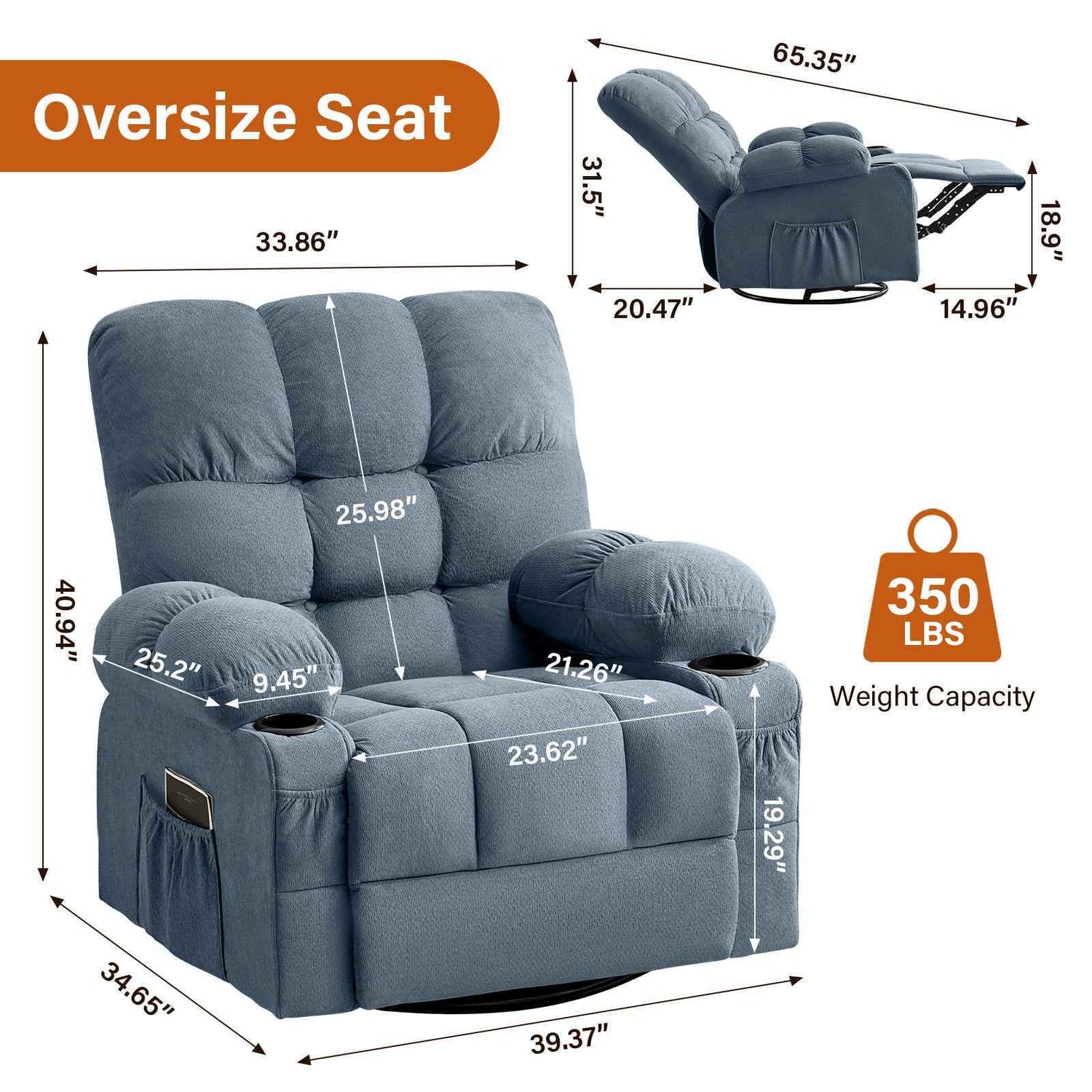 Massage Swivel Rocker Recliner Chair with Vibration, Lumbar Heating, Side Pocket detail image 2
