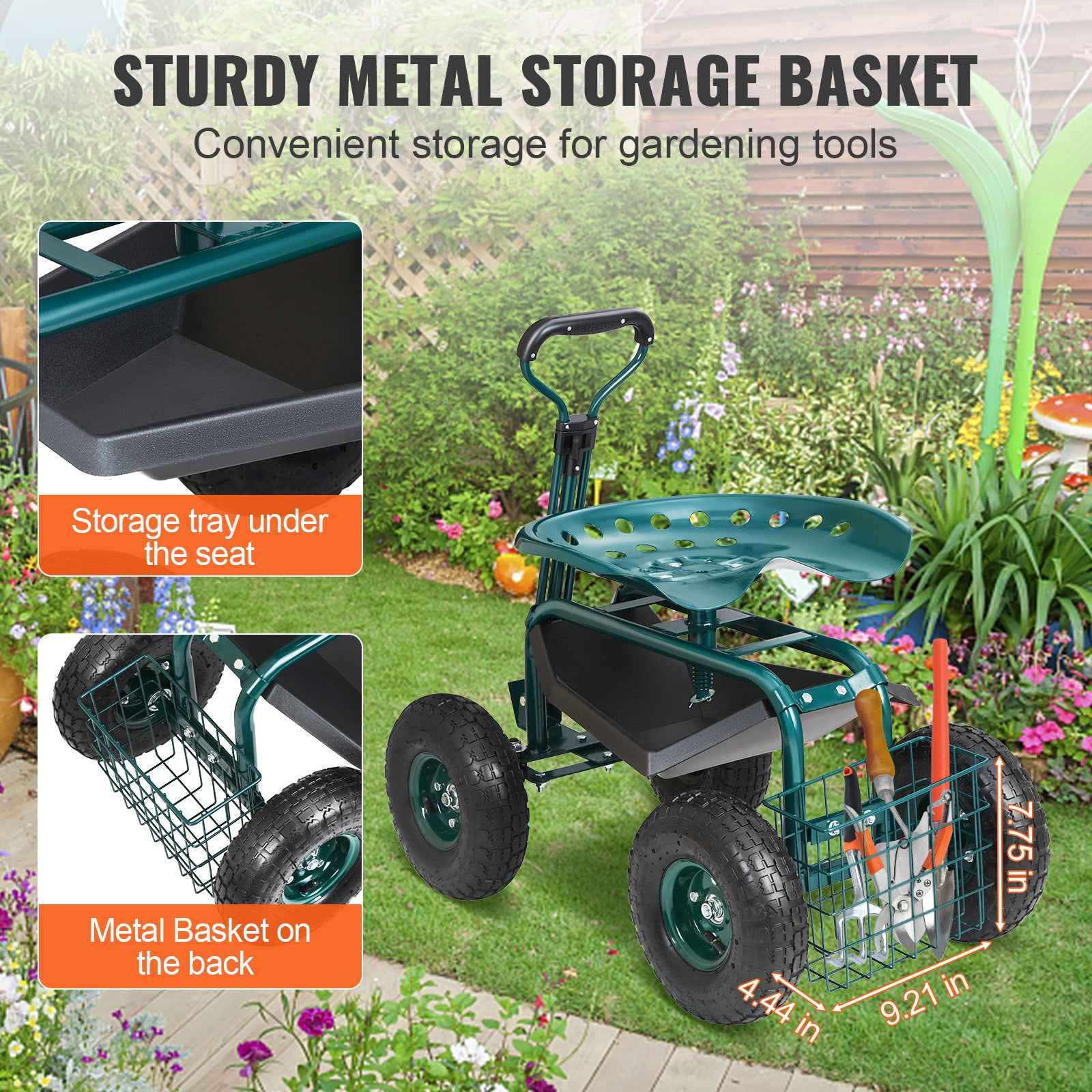 Rolling Garden Workseat with 360° Swivel Seat for workshop, garage, storage, or utility use