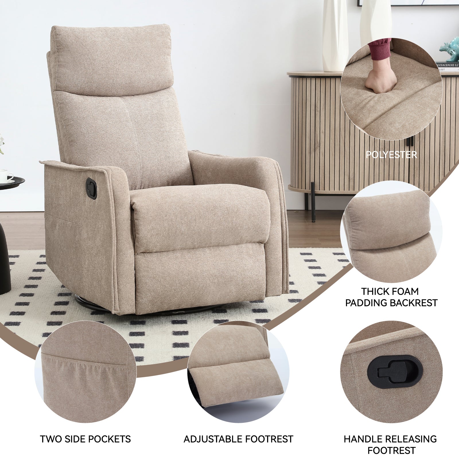 Heat Massage Manual Recliner Chair with Rocker and Swivel in Fabric for Living Room detail image 67