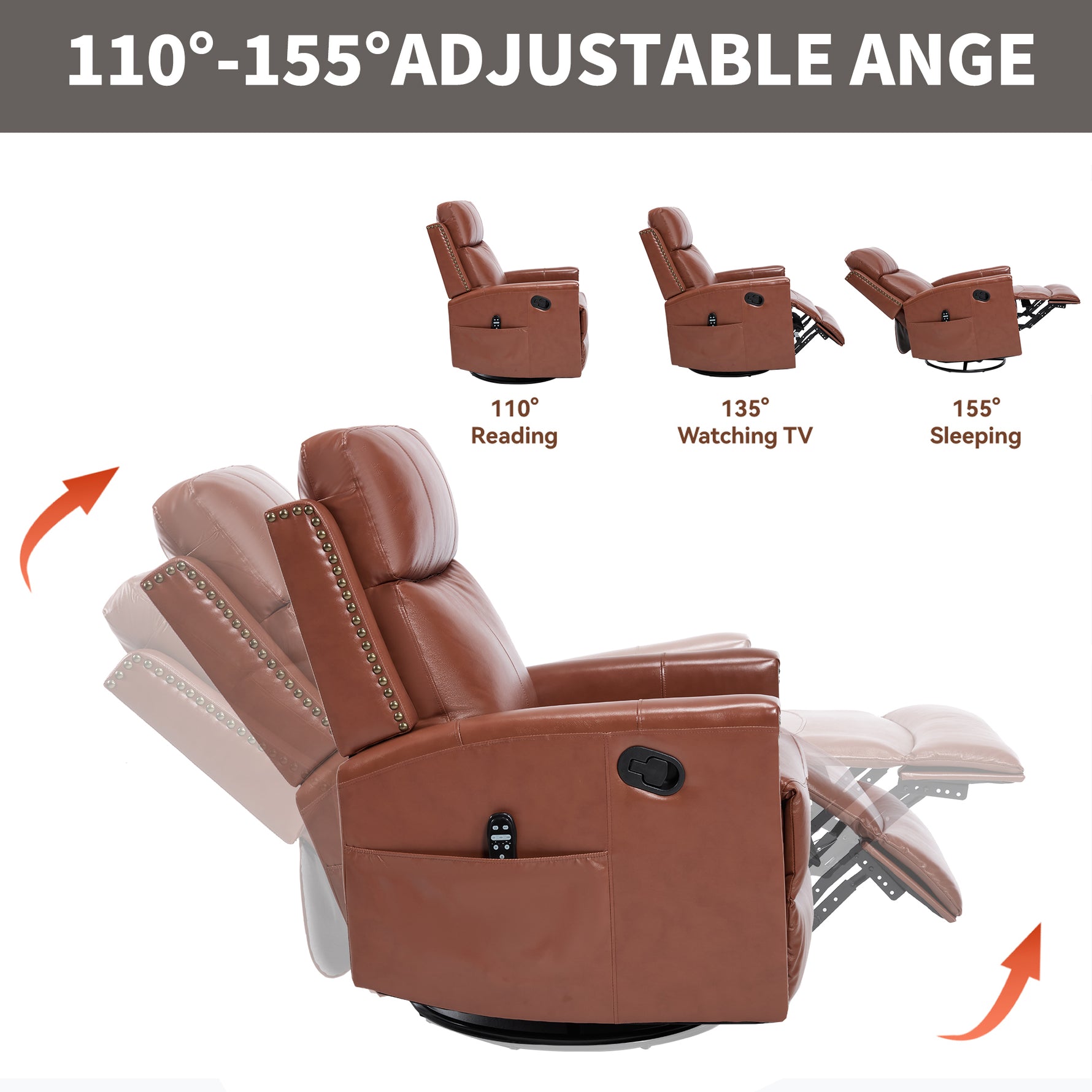Genuine Leather Heat Massage Manual Recliner Chair with Rocker and Swivel for Living Room detail image 5