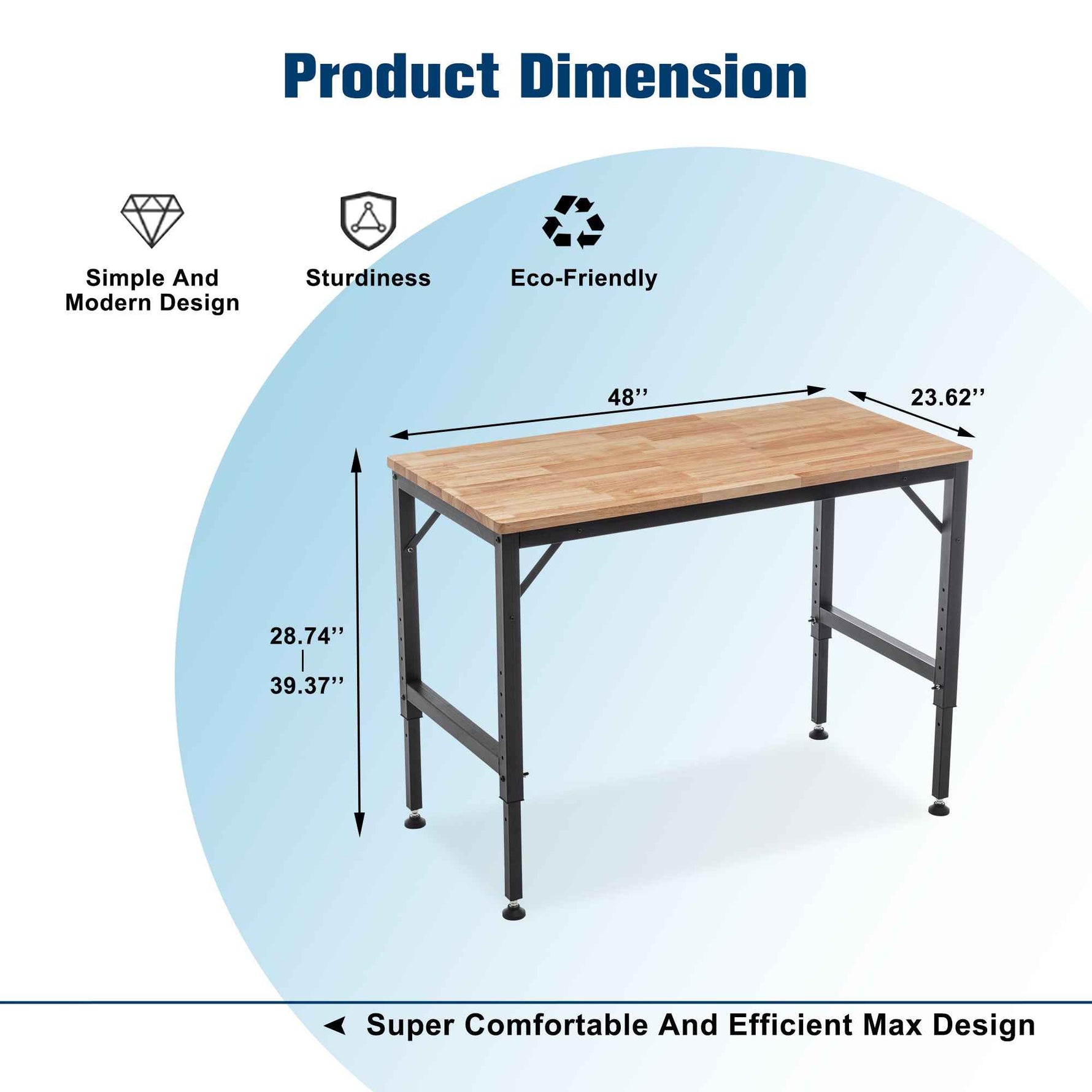 Adjustable Height Heavy-Duty Workbench, Rubber Wood Top Workstation with Power Outlets for workshop, garage, storage, or utility use