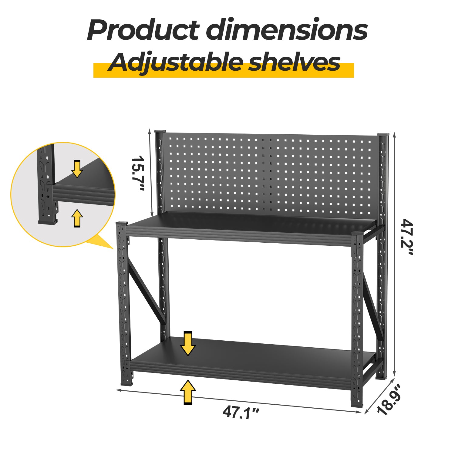 Heavy-Duty Metal Shelving & Workbench with Pegboard, 3000 lb Capacity for workshop, garage, storage, or utility use